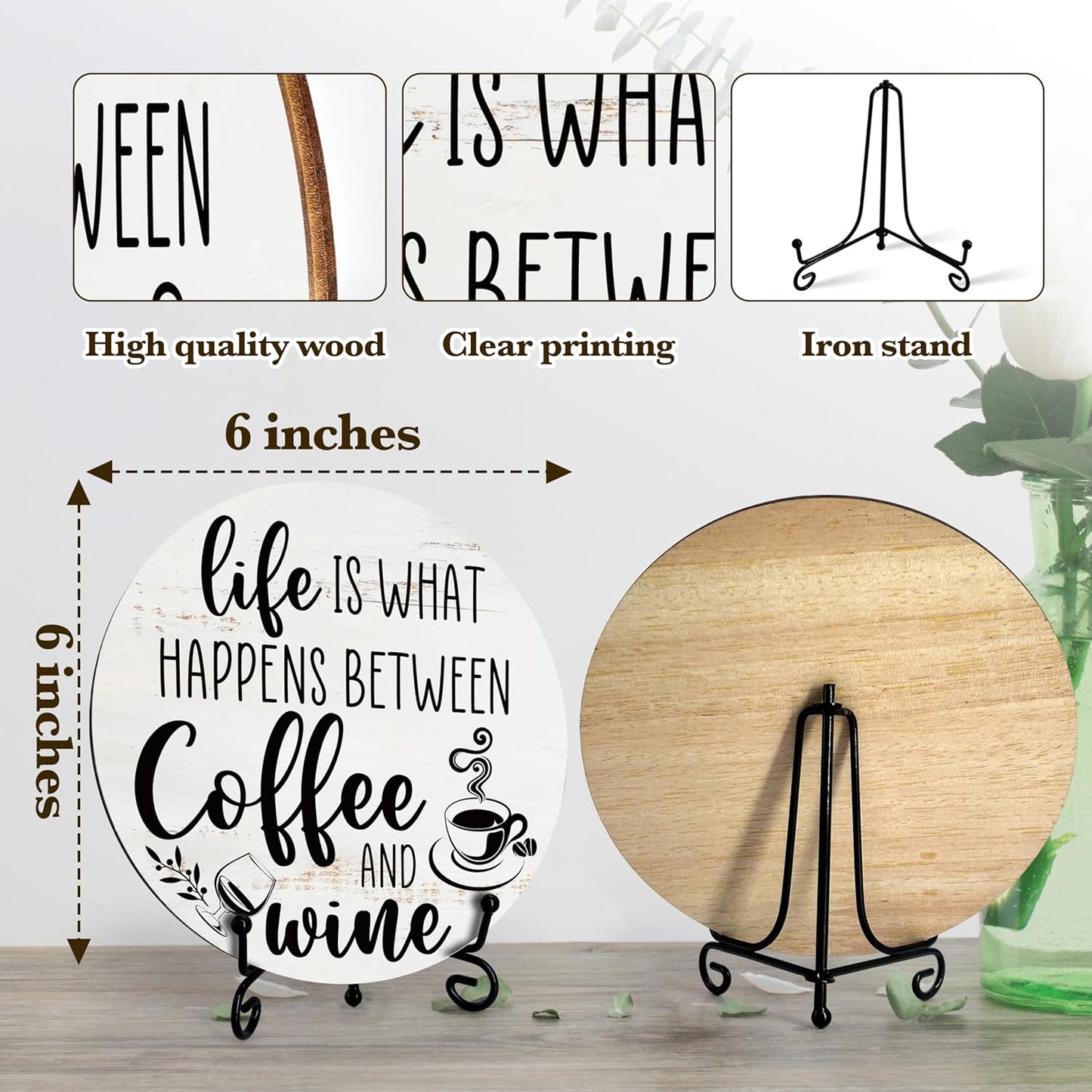 Life Happens Between Coffee and Wine Wood Sign - Rustic Wooden Round Decor for Home Kitchen Farmhouse - Gifts for Coffee and Wine Lovers