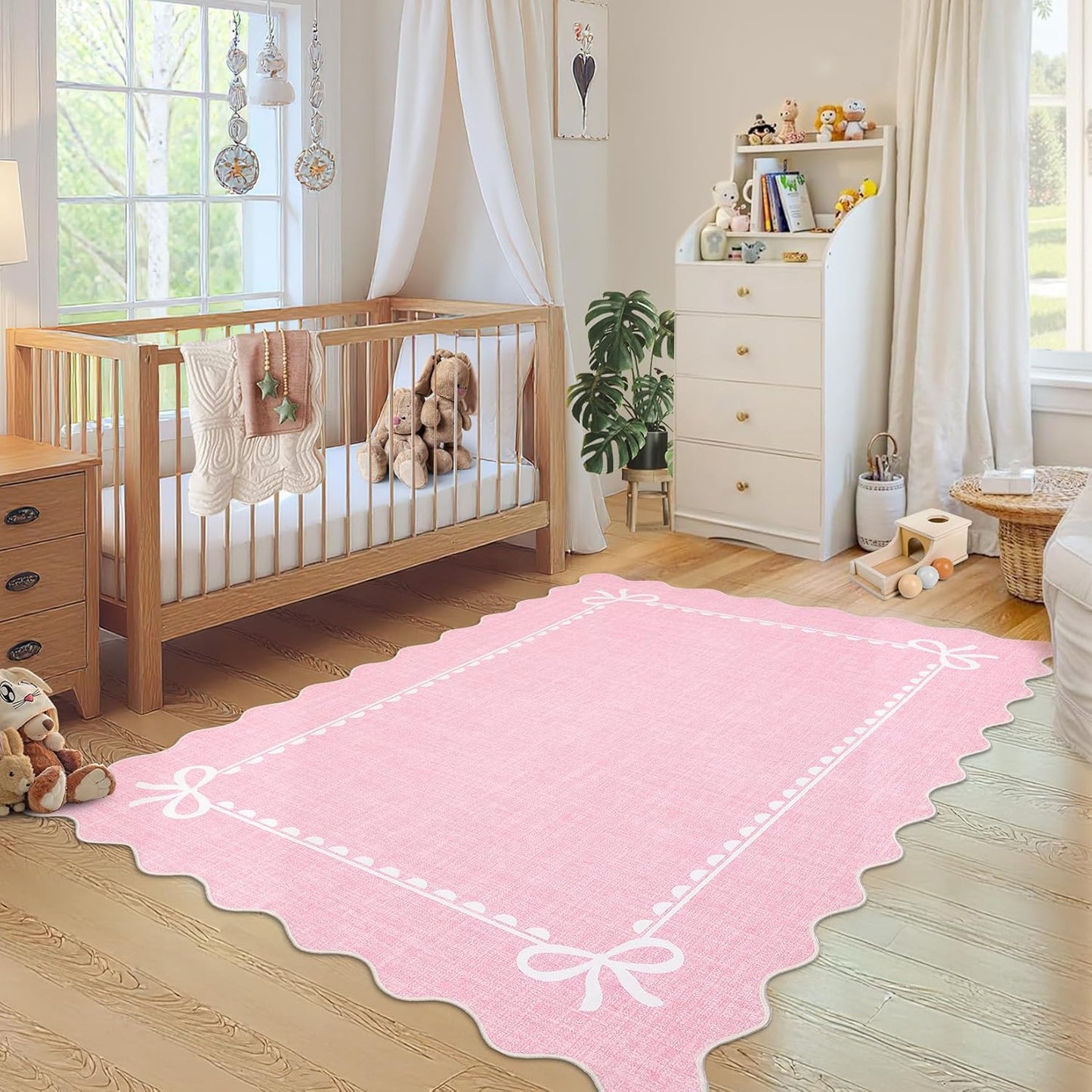 GarveeHome Scalloped Bow Rug for Living Room, Solid Pink Rug for Dorm, Washable Rugs 5x7 Soft Low Pile Non Slip Scalloped Rugs for Nursery College Bedroom Decor Kids Room Playroom