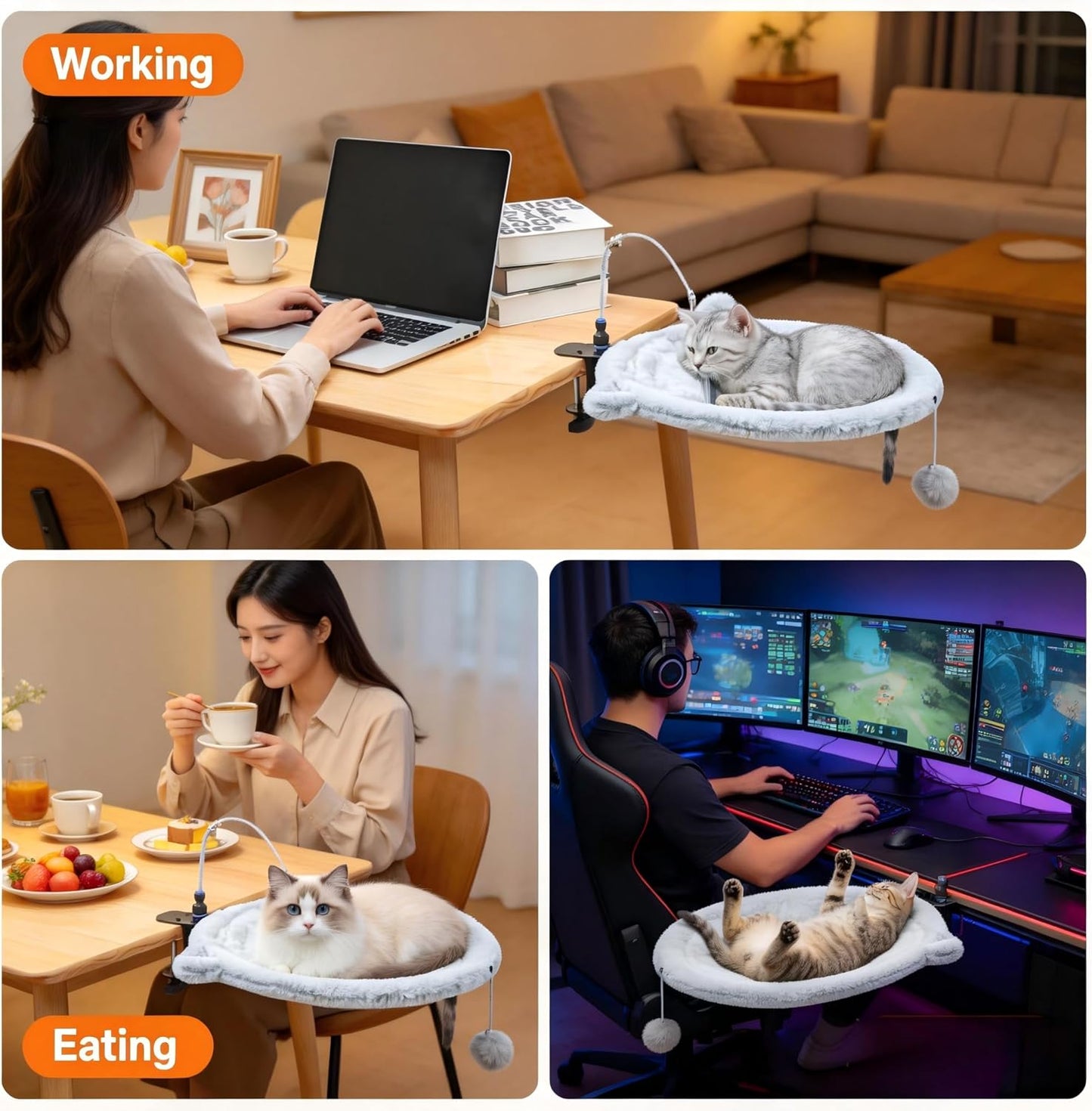 Plush Round Desk Mounted Cat Bed with Interactive Toys – Clamp-On Cat Hammock for Desk, Adjustable Elevated Cat Bed for Desk Supports up to 25 lbs.