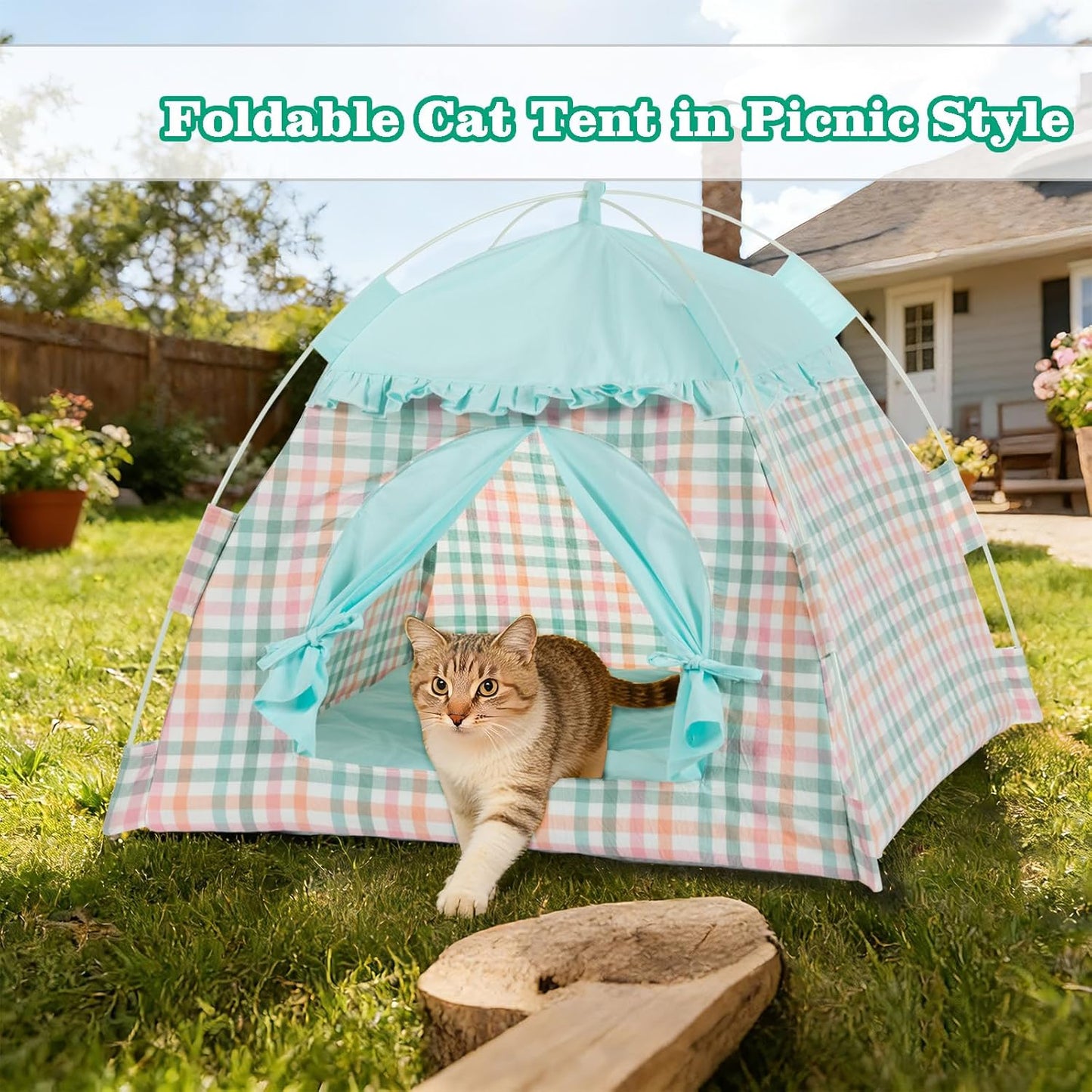 Foldable Cat Tent for Indoor & Outdoor Use - Features Breathable Mesh Fabric and a Stylish Denim Plaid Pattern | Perfect as Cat Tents, Cat House, or Puppy Tent