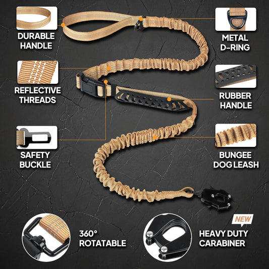 Twoear Tactical Dog Leash for Large Dogs, 5-7FT Shock Absorbing Bungee Dog Leash with Traffic Handle, Quick Release Carabiner & Car Seatbelt, Reflective, Leashes for Medium to Large Breeds