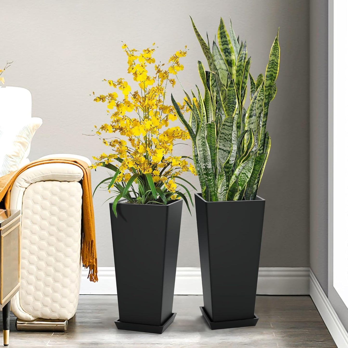 Set of 2 Large Tall Planter for Indoor or Outdoor 24" Flower Pots Tapered Tall Planters with Tray for Porch, Patio, Backyard, Large Planters for Outdoor Indoor Plants(Black)