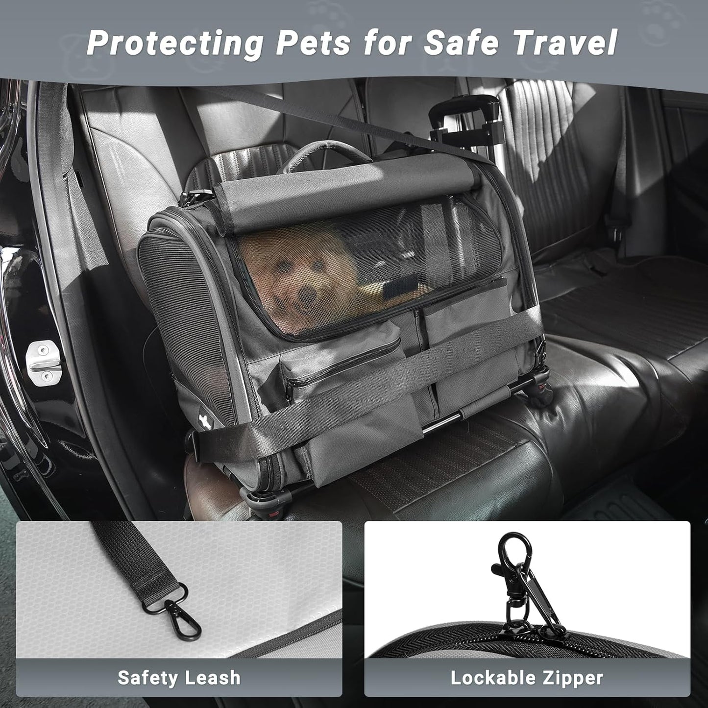 Large Pet Carrier with Wheels, Foldable Rolling Dog Carrier with Big Pocket, Cat Rolling Bag 21"x13"x13" for 2 Cats &Dogs, for Travel, Outdoor, Vet Visits, Camping, Indoor. Gray. (Not for Airline)