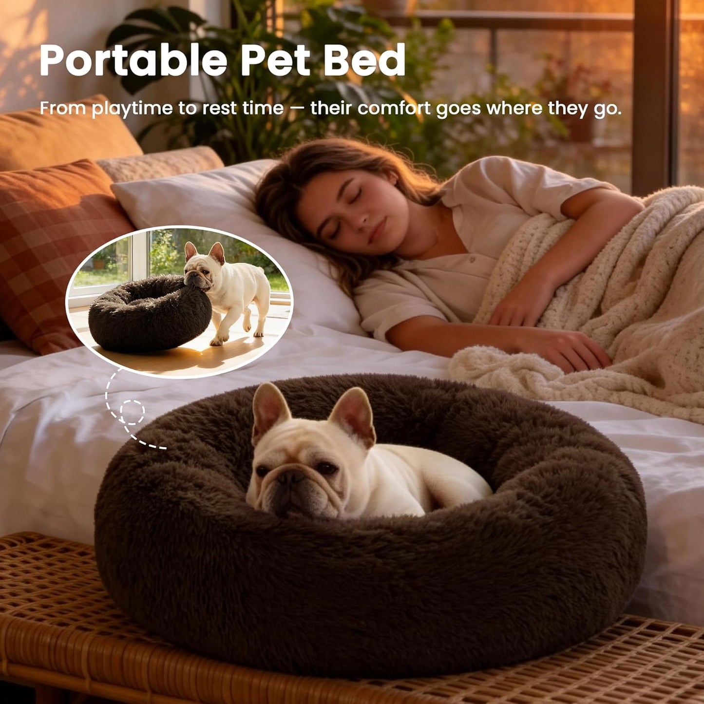 Love's cabin 20in Cat Beds for Indoor Cats - Cat Bed with Machine Washable, Waterproof Bottom - Dark Brown Fluffy Dog Pet Calming Cushion Bed for Joint-Relief and Sleep Improvement