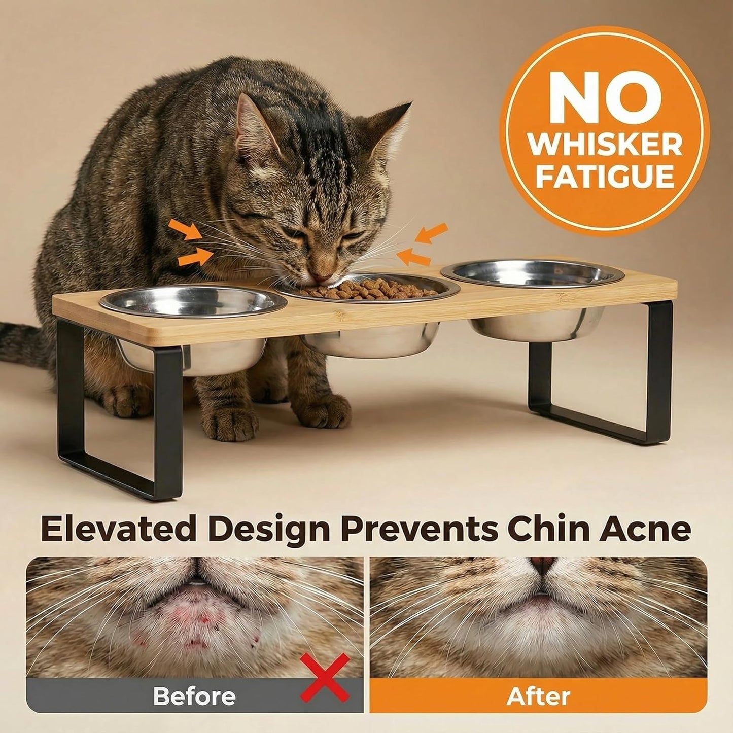 Tilted Raised Cat Bowls with Wooden Stand, Stainless Steel Food & Water Bowl Set for Cats and Kittens, Whisker Friendly, Anti-Spill, Dishwasher Safe, Double & Triple Bowl Options (Triple Bowl)