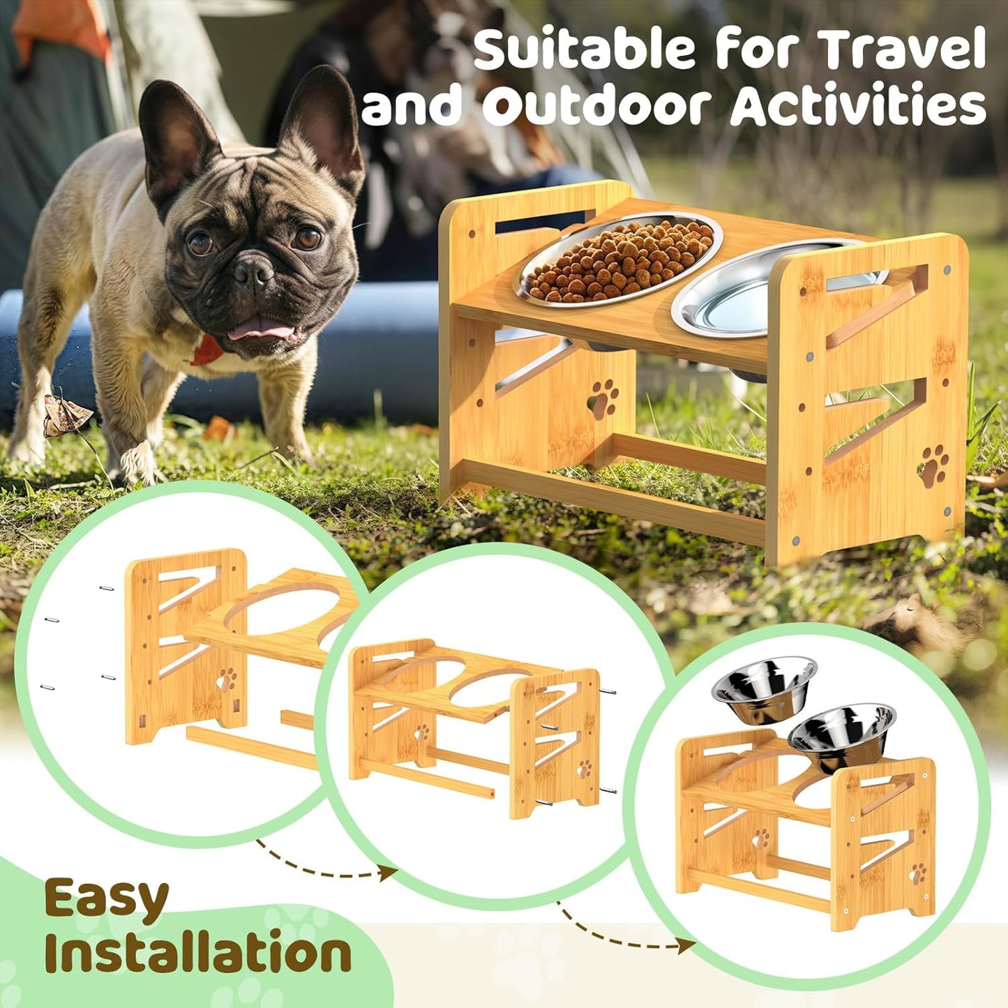 Elevated Dog Bowls, Adjustable Raised Dog Bowl Stand for Medium and Small Pet, 11" High Bamboo Pet Food Feeder with 2 Stainless Steel Dishes（4 Heights）