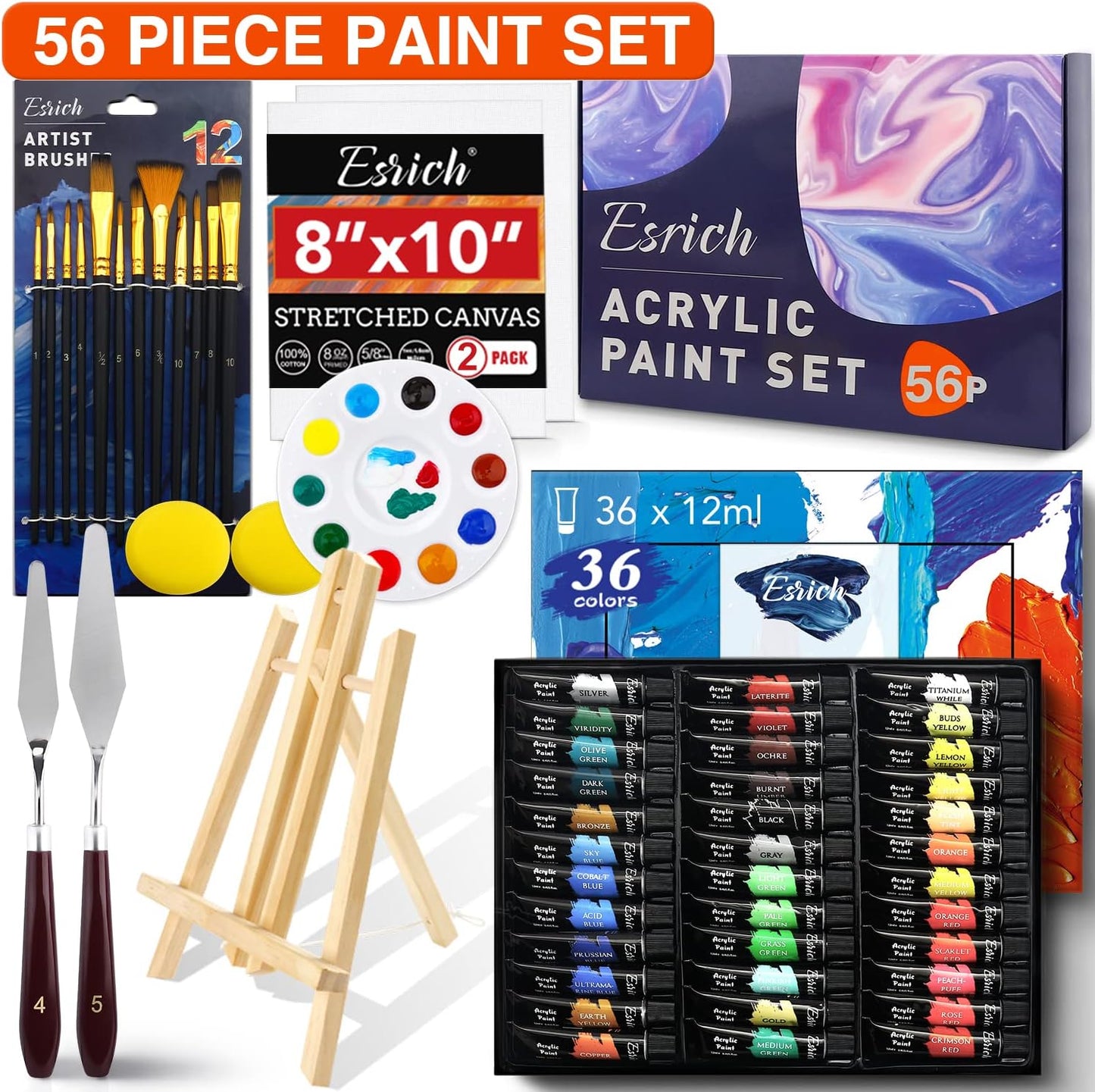 Acrylic Paint Set,56 PCS Professional Painting Supplies with Paint Brushes, 36 Colors Acrylic Paints, 1 Easel, 2 Painting Canvases, Palette, Paint Knives and Art Sponges for Hobbyists and Beginners