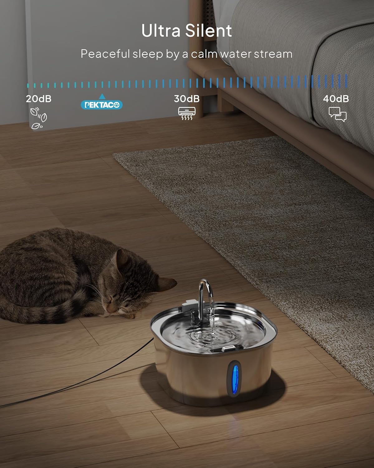 PEKTACO Stainless Steel Cat Water Fountain, 3.2L/108oz Cat Water Dispenser with Quiet Water Pump, Dishwasher Safe Pet Drinking Fountain for Cats
