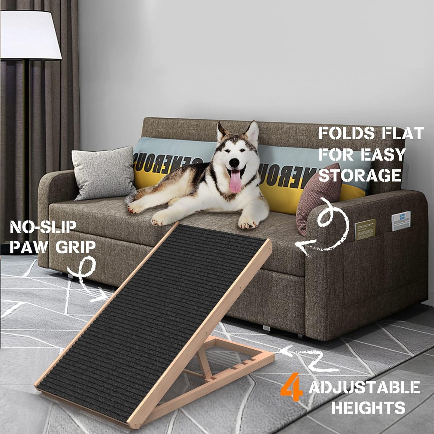 Adjustable Pet Ramp for All Dogs and Cats - Folding Portable Dog Ramp for Couch or Bed with Non Slip Carpet Surface, 40”Long and Height Adjustable from 9”to 24” - Up to 100 Lbs