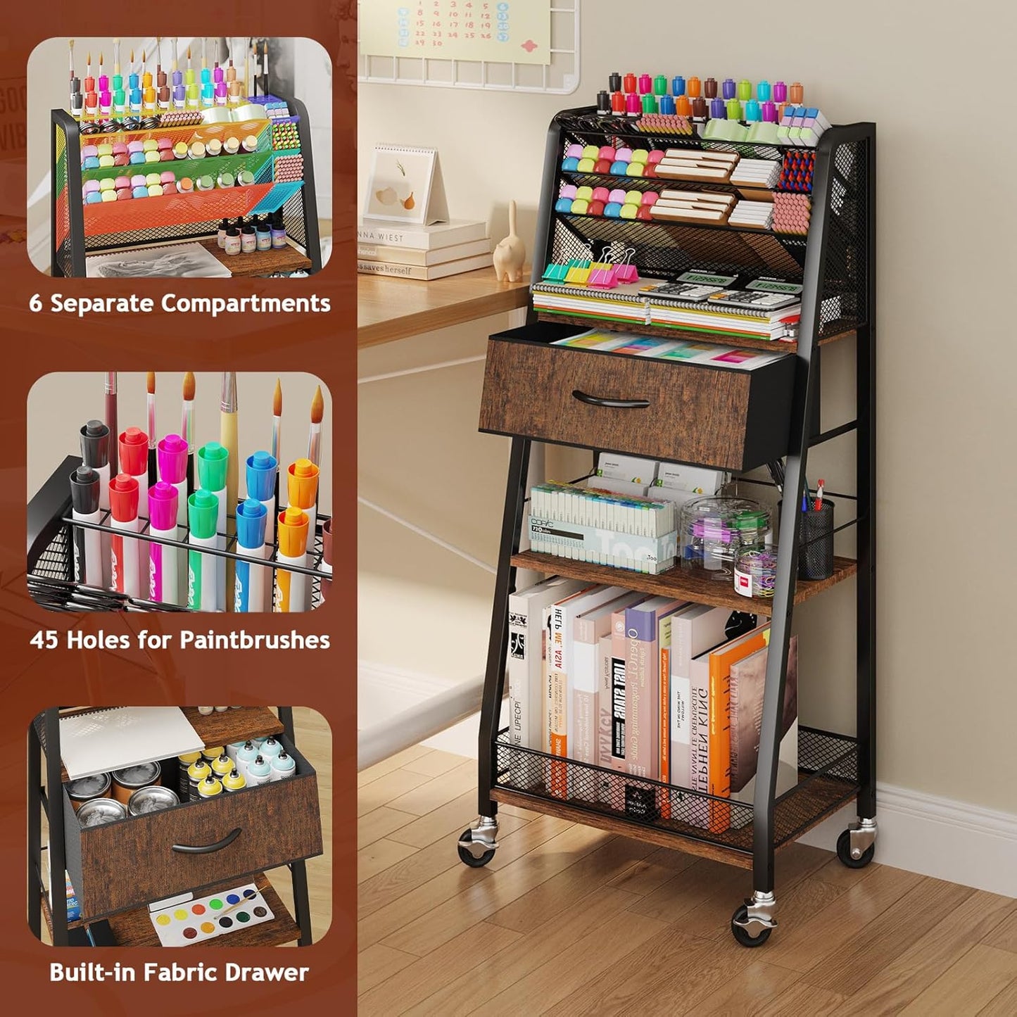 3 Tier Rolling Cart - Metal Utility Cart with Storage Drawer and Wheels, Versatile Art & Craft Organizer for Home, Office, or Studio - Ideal for Storing Brushes, Paints, and Supplies