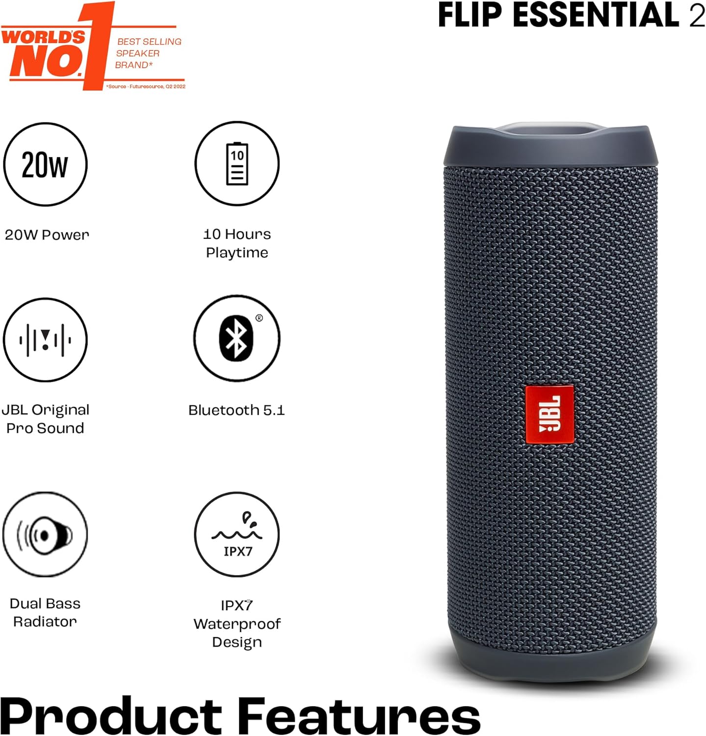 JBL Flip Essential 2 - Portable Bluetooth Speaker, powerful sound and deep bass, IPX7 waterproof, 10 hours of playtime for home, outdoor and travel (Gun Metal)