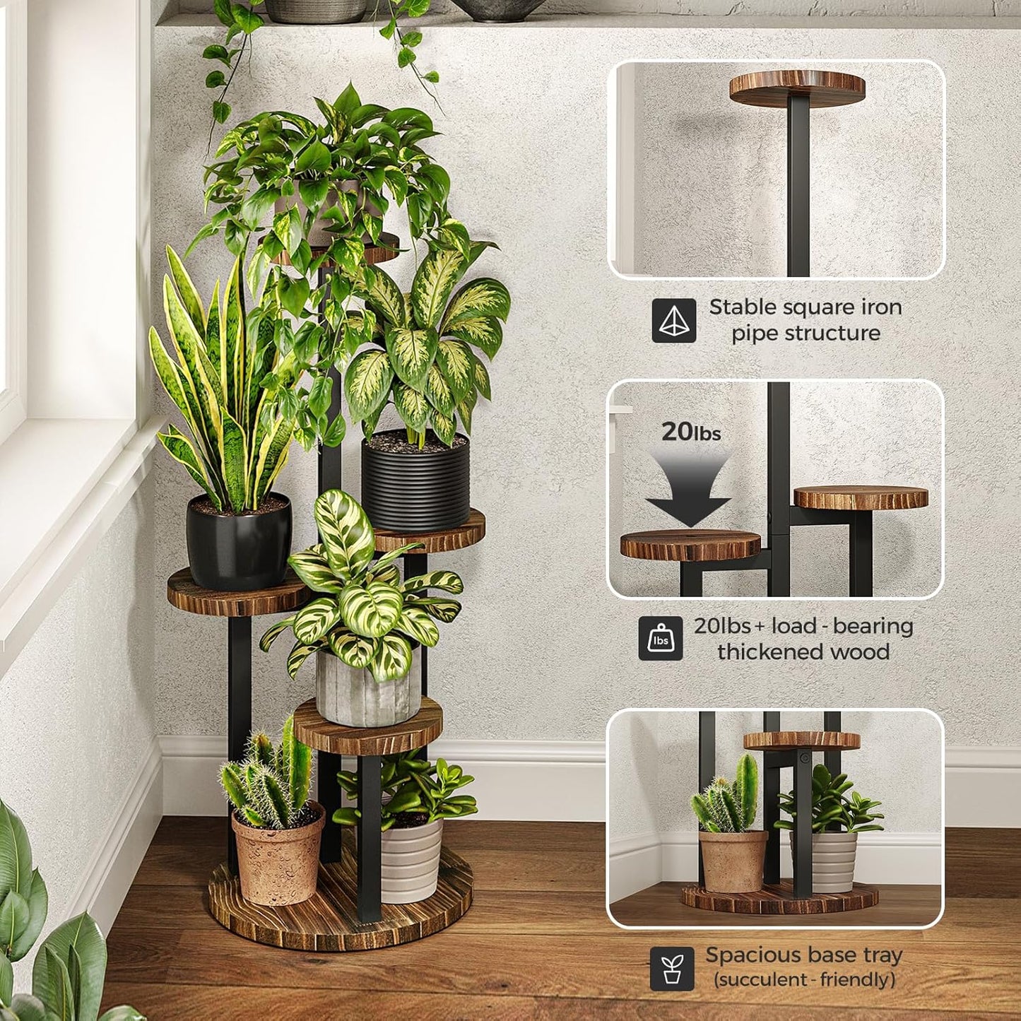 Bamworld Plant Tables Indoor Corner Plant Stand Tall Metal Wood Plant Shelf Outdoor Indoor Plant Table Rack 5 Tier Tier Plant Stand Garden Accessories for Living Room Balcony Patio