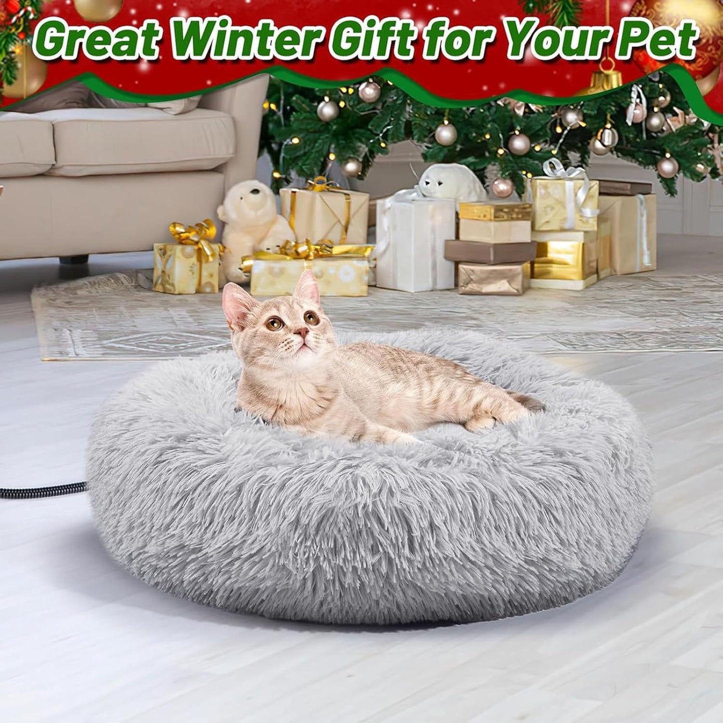 USB Heated Cats Dog Bed with Removable Washable Cover Soft Plush Antislip Base Heating Mat for Indoor Pet Rest Place Heated Cats Bed