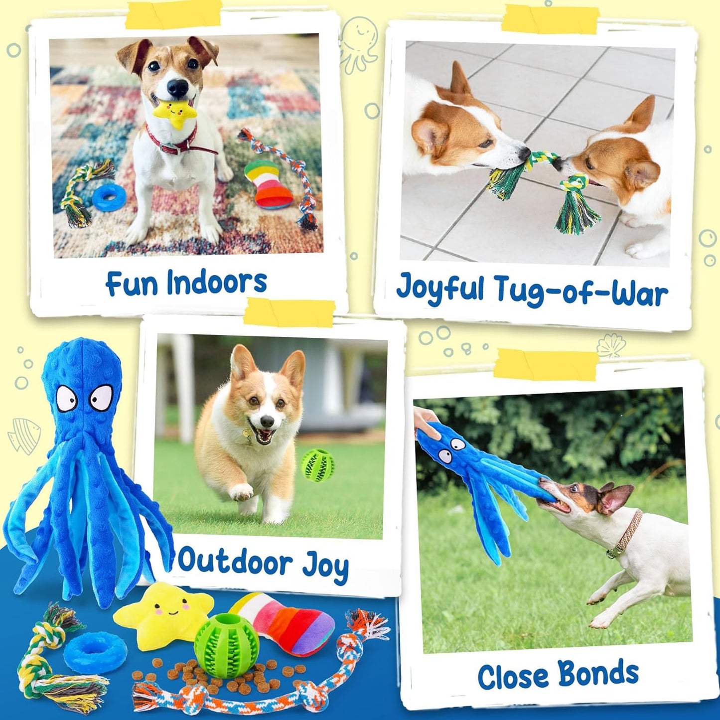 KIPRITII 9-Pack Interactive Puppy Dog Toys for Small Dogs No-Stuffing Squeaky Octopus-Shaped Toy, Cute Plush & Engaging Chew Toys for Puppy Teething to Keep Them Busy