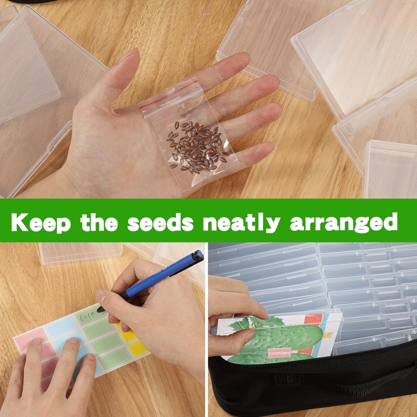 24 Slot Seed Storage Organizer Box with Dual Zipper Bag, Garden Seed Organize Sealed Bags and 160 Pcs Label Stickers Saving Container Keeper Set for Garden Vegetable Flower Plants