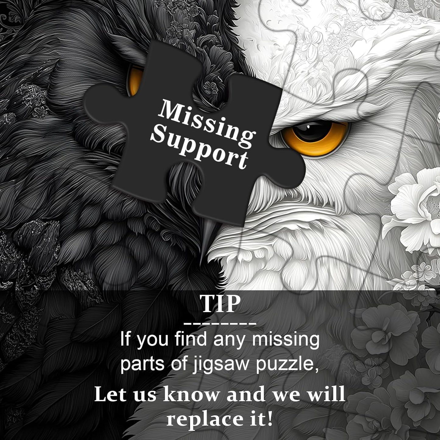 Yin Yang Owl Puzzle for Adults 1000 Pieces，Black and White Puzzles Owl Flowers, Impossible Difficult Hard Bird Jigsaw Puzzle, Animal Floral Art Challenge Puzzle Aesthetic