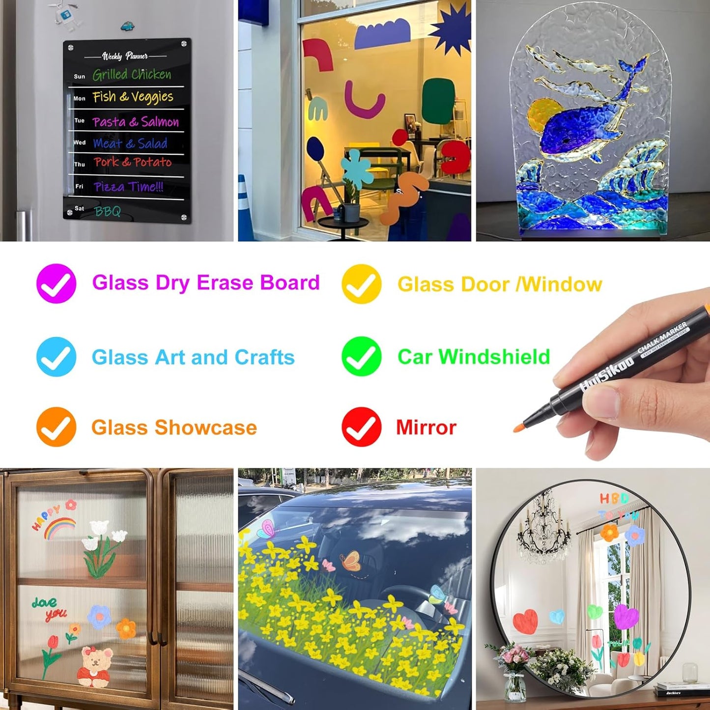 Liquid Chalk Markers for Acrylic Calendar Planning Board - Fine Tip Wet Erase Markers for Dry Erase Board, Whiteboard, Glass, Mirror - 1mm Fine Point, Easy to Erase, Quick Drying (10 Color)