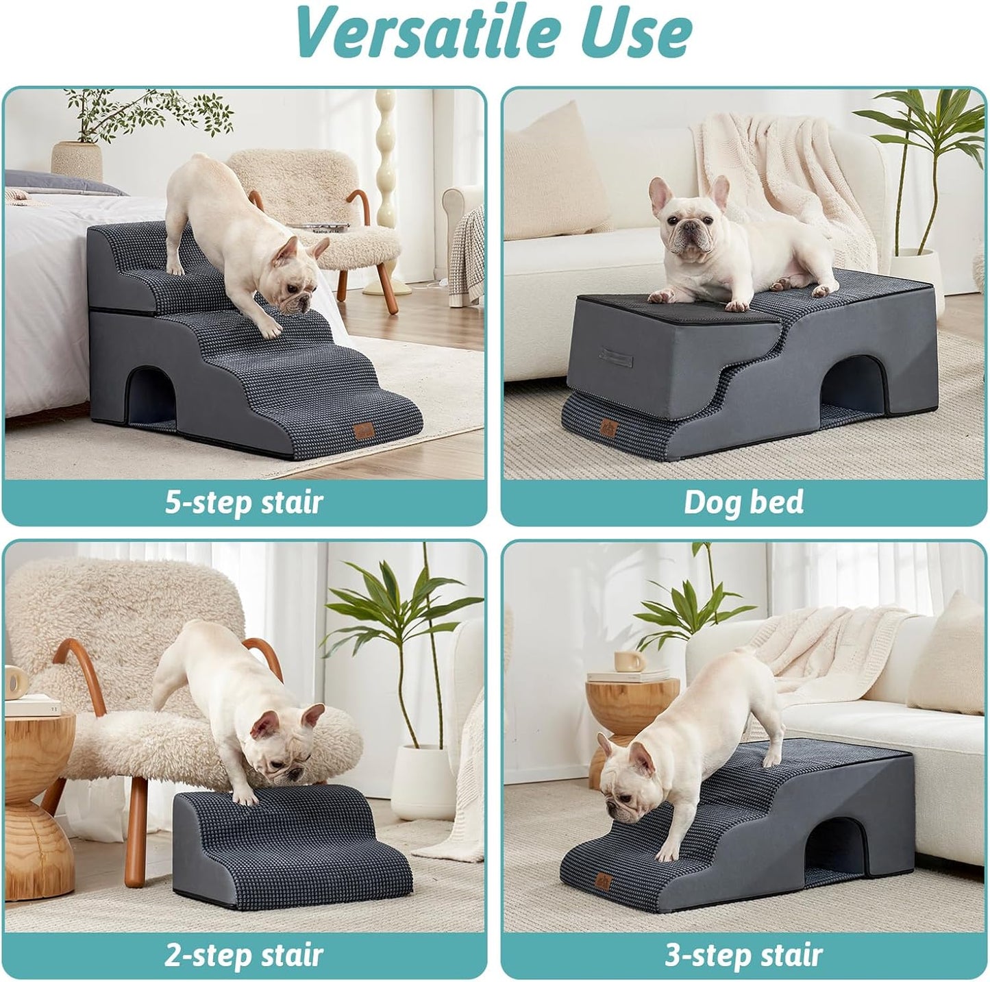 Dog Stairs with Tunnel, 5-Step Detachable Extra Wide Pet Stairs for Bed and Couch, 22.4" H Dog Step for Lowrider and Puppy, Elderly Cats, 17.7x33x22.4 inch, 5 Step, Dark Grey
