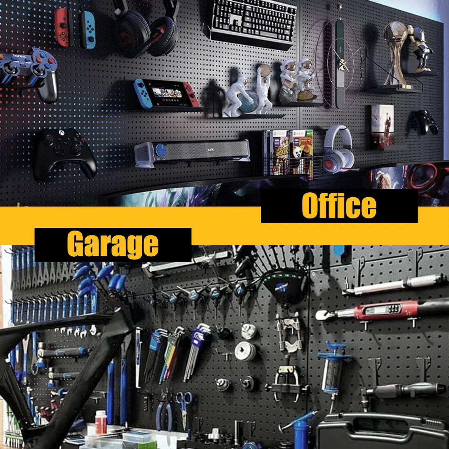 Peg Board, 4 Pack Metal Pegboard Panels with 50 Hooks, Black Pegboards Wall Organizer, Heavy Duty Peg Board for Walls Home, Garage Tool Storage, Office Organization, Craft Room, Kitchen