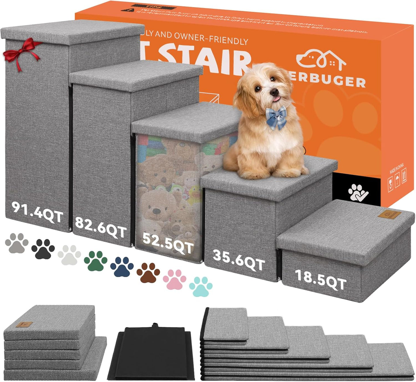 Dog Stairs for High Beds, Folding Pet Stairs Gift for Dogs Puppy with Storage for Bed Couch, Cat Dog Ramp Hold Up to 200 lbs (Gray, 5 Steps No Condo(49" D x 17" W x 26" H))