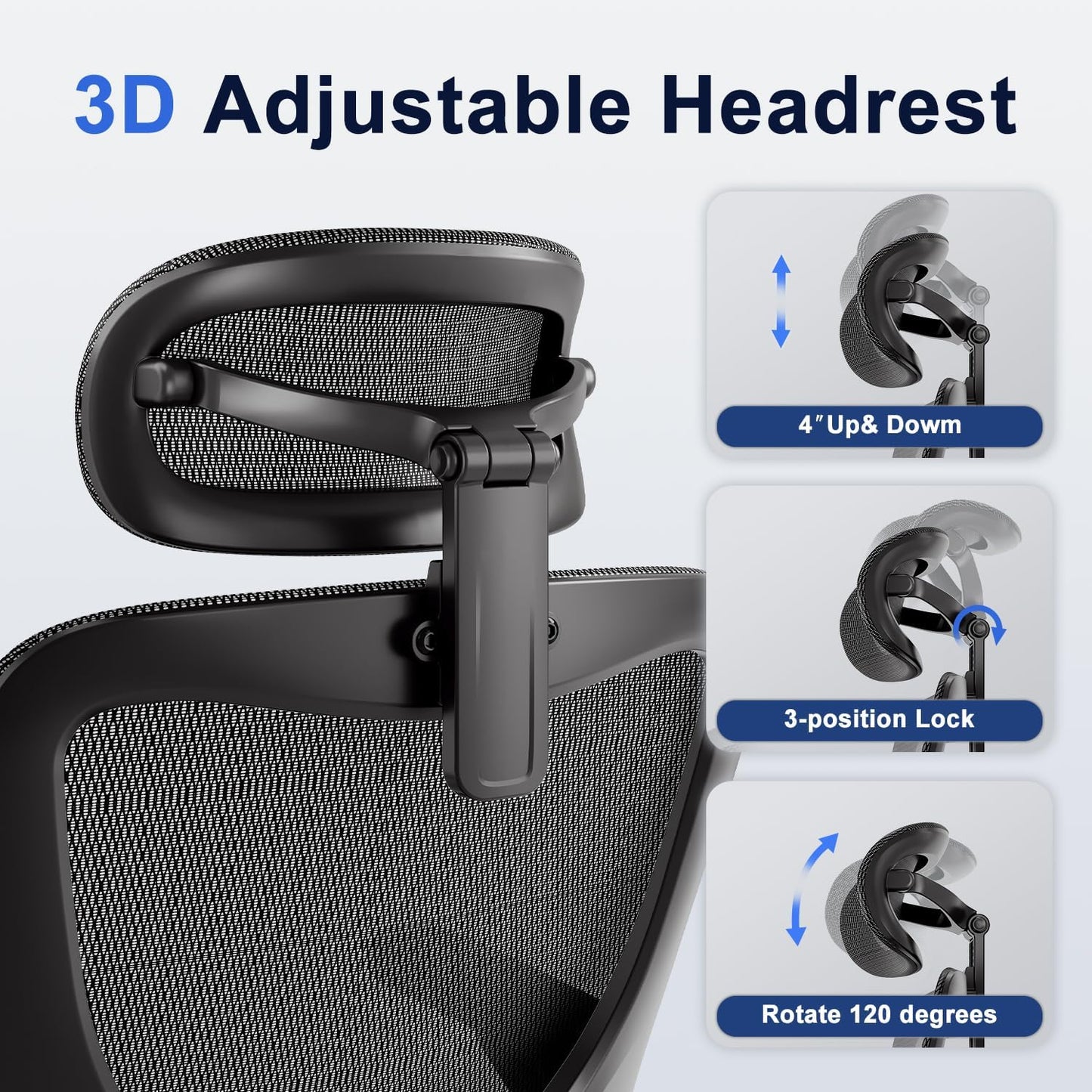Ergonomic Office Chair, Mesh Seat Cushion with 3D Armrests and 3D Headrest, Adjustable Lumbar Support with 90-120° Rocking Function, Black