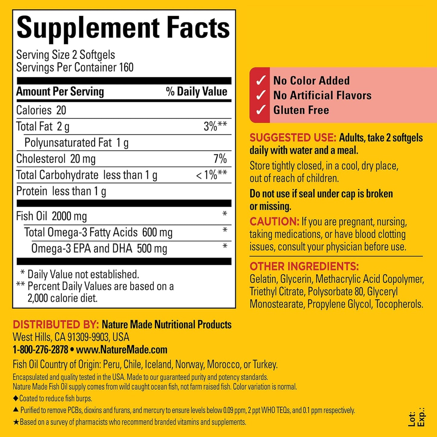 Nature Made Burp Less Fish Oil Omega 3 Supplements, 1000mg Softgels, Omega 3 Fish Oil Supplements for Healthy Heart Support, 320 Softgels, 160 Day Supply
