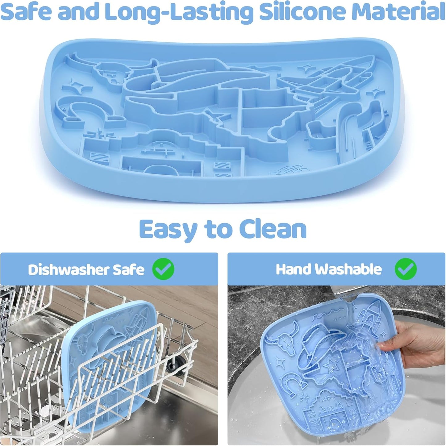 Puzzle Feeder Snuffle Mat and Lick Mat for Dogs,Texas Textured Slow Feeder, 0.75 Inch Thin Silicone Mat Holds 3 Cups, Dishwasher and Microwave Safe, Blue