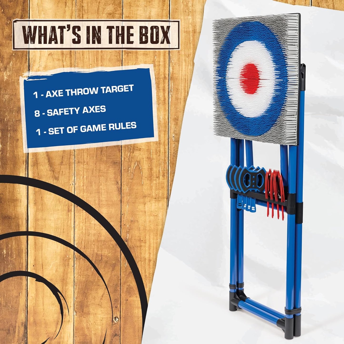 EastPoint Axe Throwing Game Set - 8 Foam & Plastic Throwing Axes - Heavy Duty Steel Frame - Over 5 Ft Tall - Folds Flat for Portable Outdoor Games - Unique Bristle Target for Yard Games