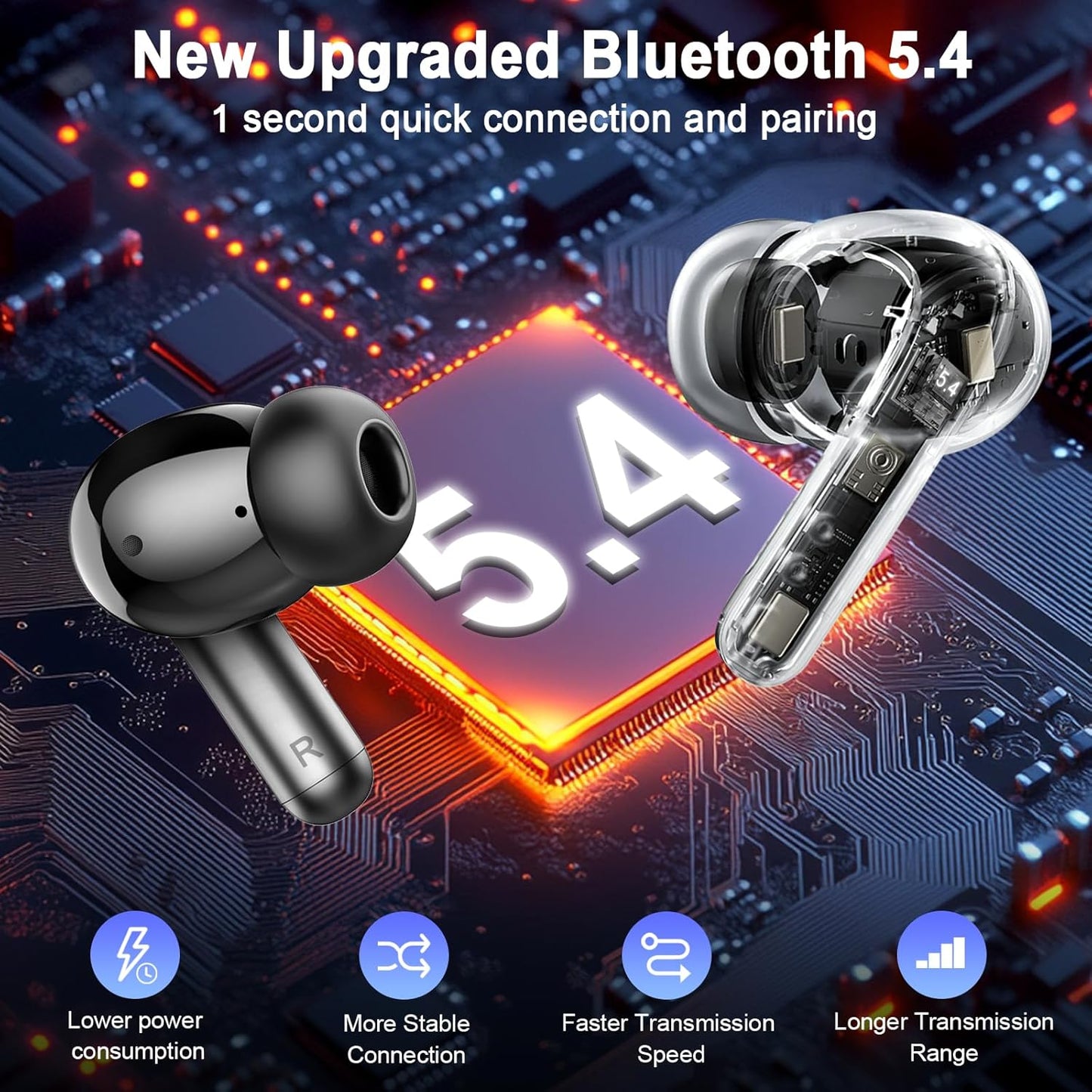 Wireless Earbuds, 2026 Bass-3.0 Bluetooth 5.4 Headphones 3D-Stereo Ear Buds, 4 ENC Noise Cancelling Mic, 40+Hrs USB-C in-Ear Earphones, IP-X7 Waterproof Sport Workout Gym for Laptop Pad Android iOS