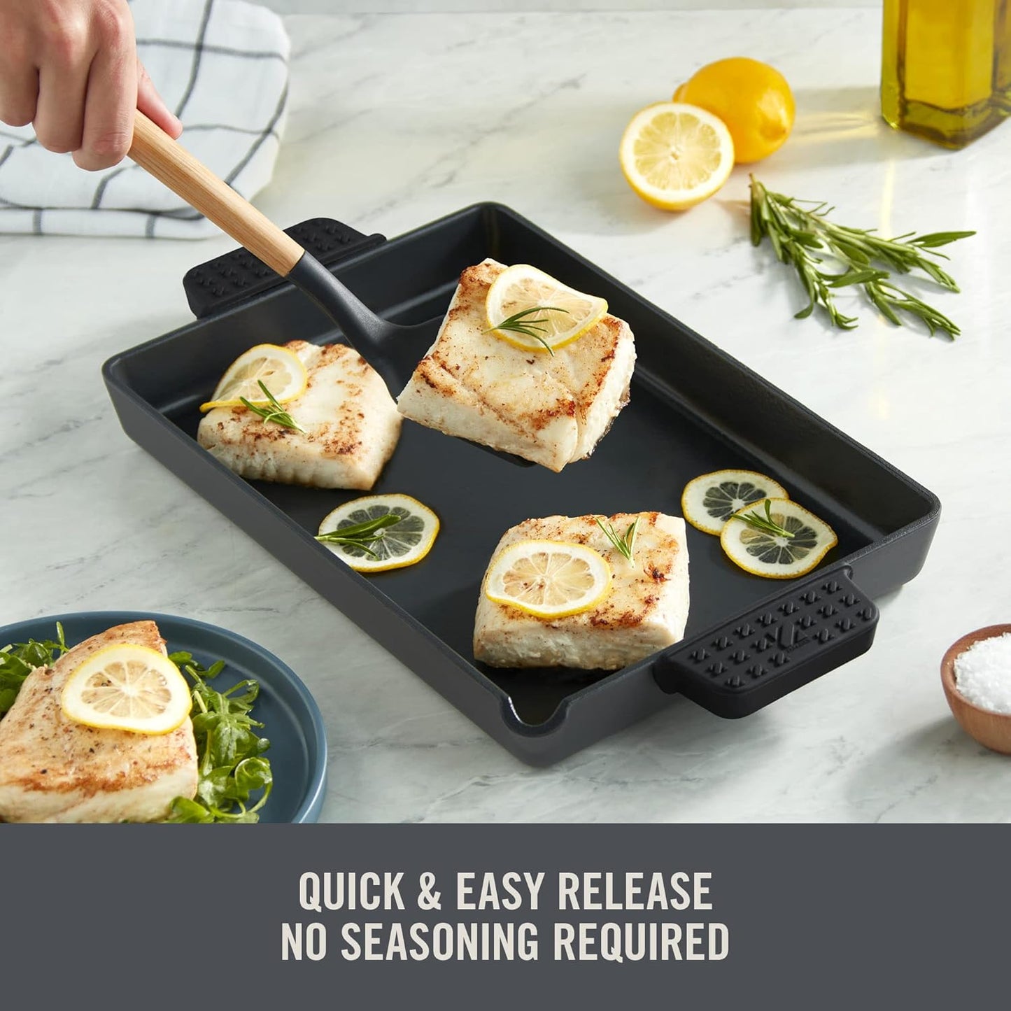 DASH Zakarian by Dash 9"x13" Nonstick Cast Iron Pan with Pour Spout and Removable Silicone Grips for Searing, Baking, Broiling, Grilling and more- Black