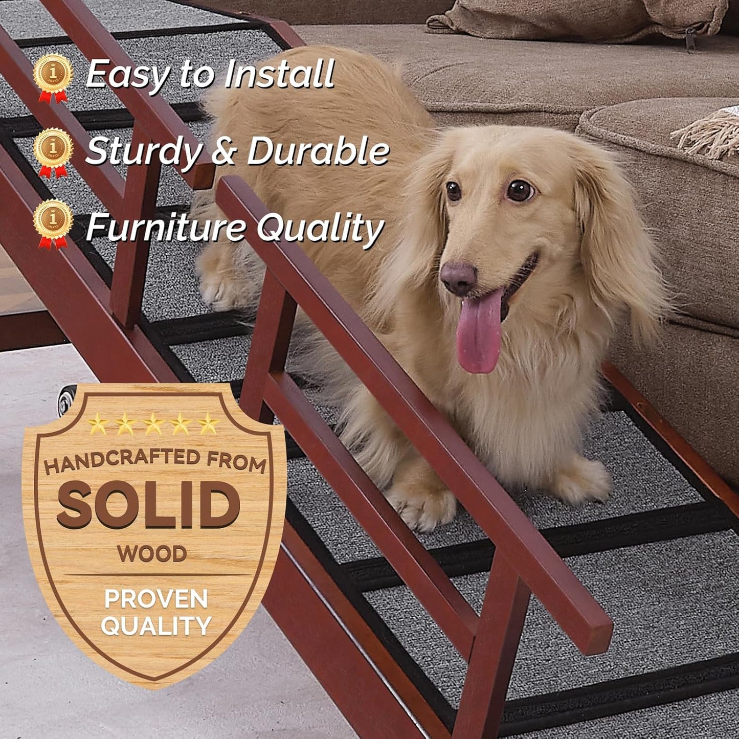 Dog Ramp for Bed or Couch, Wooden Pet Ramp with 20° Gentle Slope, Removable Side Rails, Non-Slip Surface, Top Platform & Wheels, Safe Bed Ramp for Small, Large & Senior Dogs, 60" Long, Mahogany