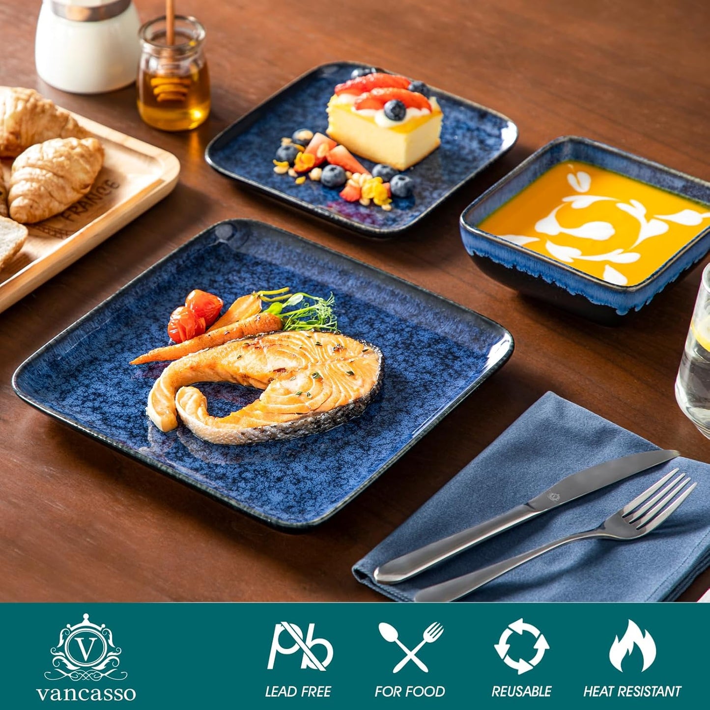 vancasso Stern Blue Dinner Set Square Reactive Glaze Tableware 12 Pieces Kitchen Dinnerware Stoneware Crockery Set with Dinner Plate, Dessert Plate, Bowl Service for 4