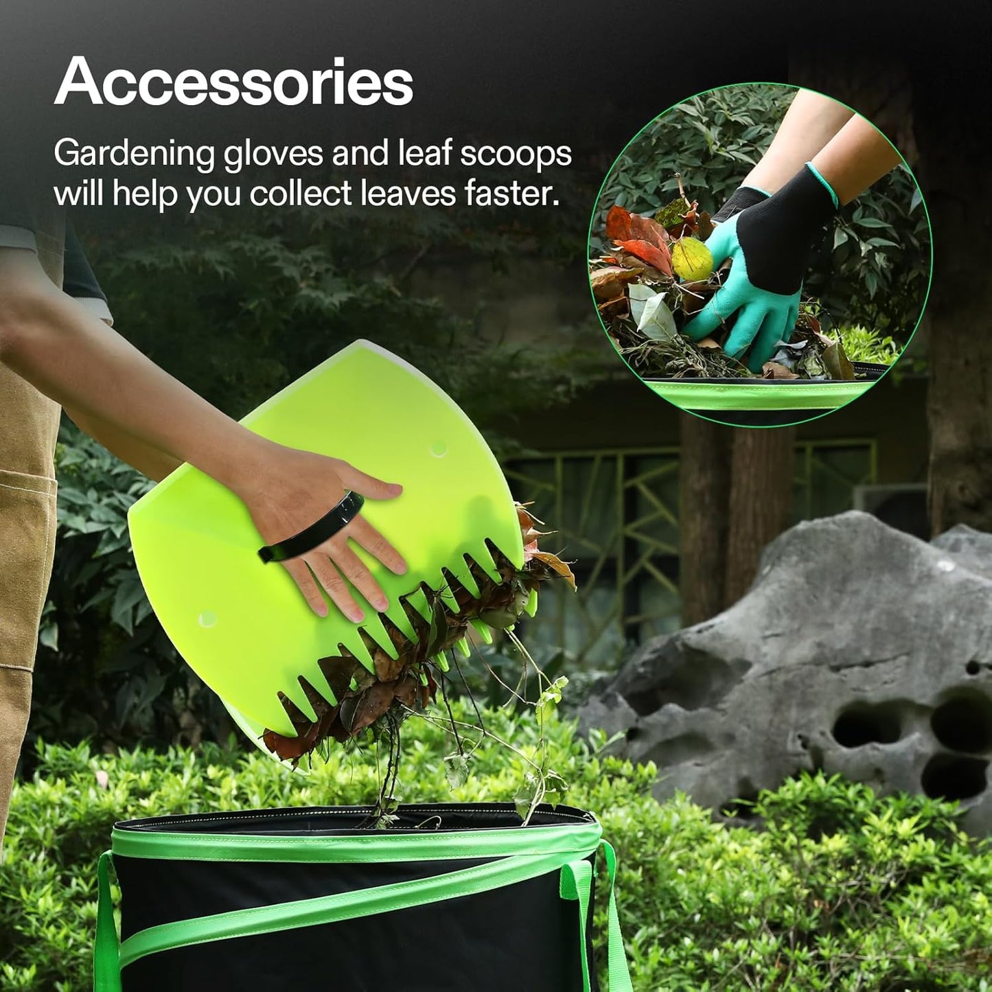 VIVOSUN 47-Gallon Collapsible Garden Bag, Yard Waste Bin with Hard-Shell Bottom, Leaf Scoops and Gloves, Collapsible Yard Waste Containers for Lawn Care and Camping