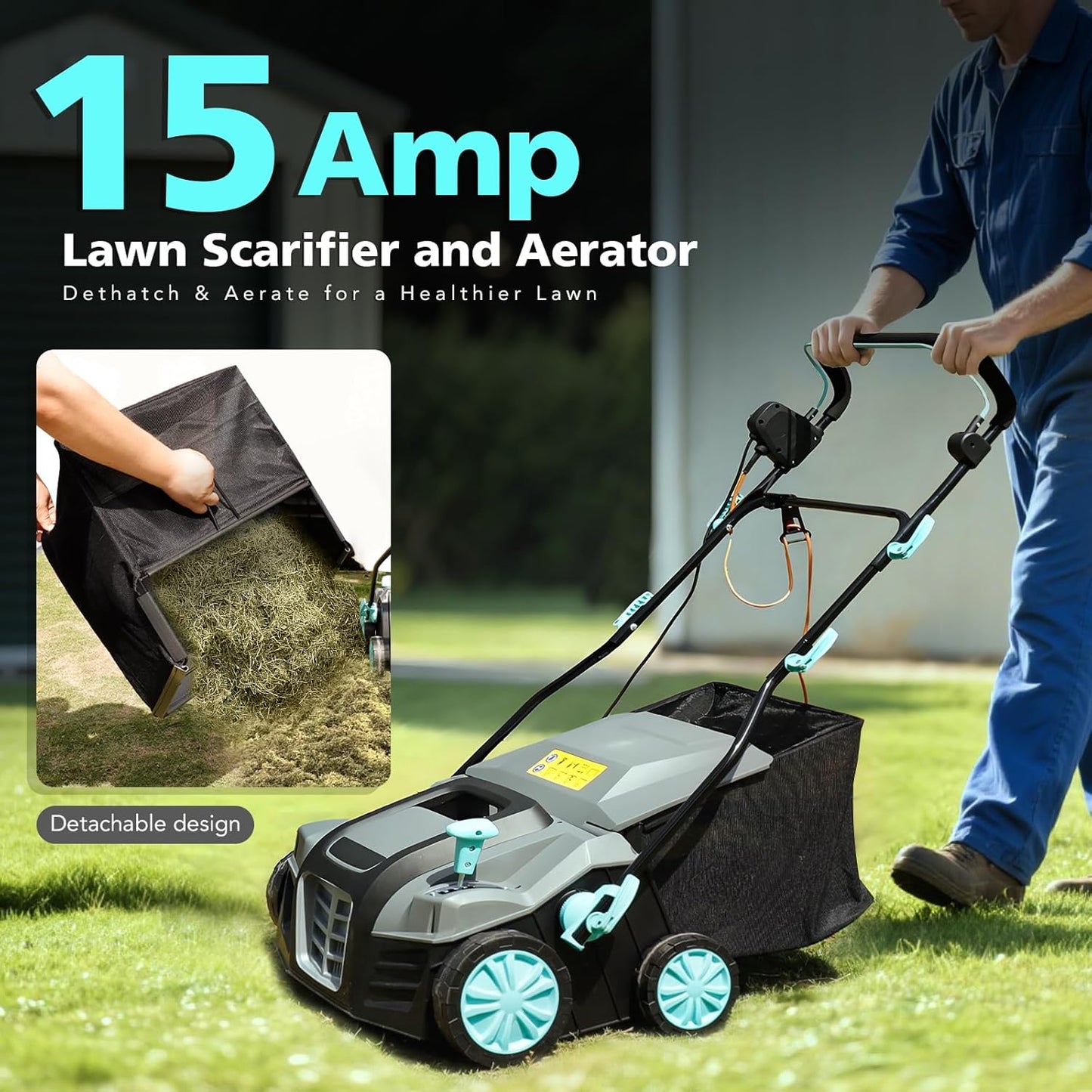 Lawn Dethatcher and Scarifier, 16-Inch 15-Amp 2-in-1 Electric Lawn Care Machine with 14.5-Gal Collection Bag & 5-Position Adjustment for Thatch Removal and Grass Revitalization - XSS16D