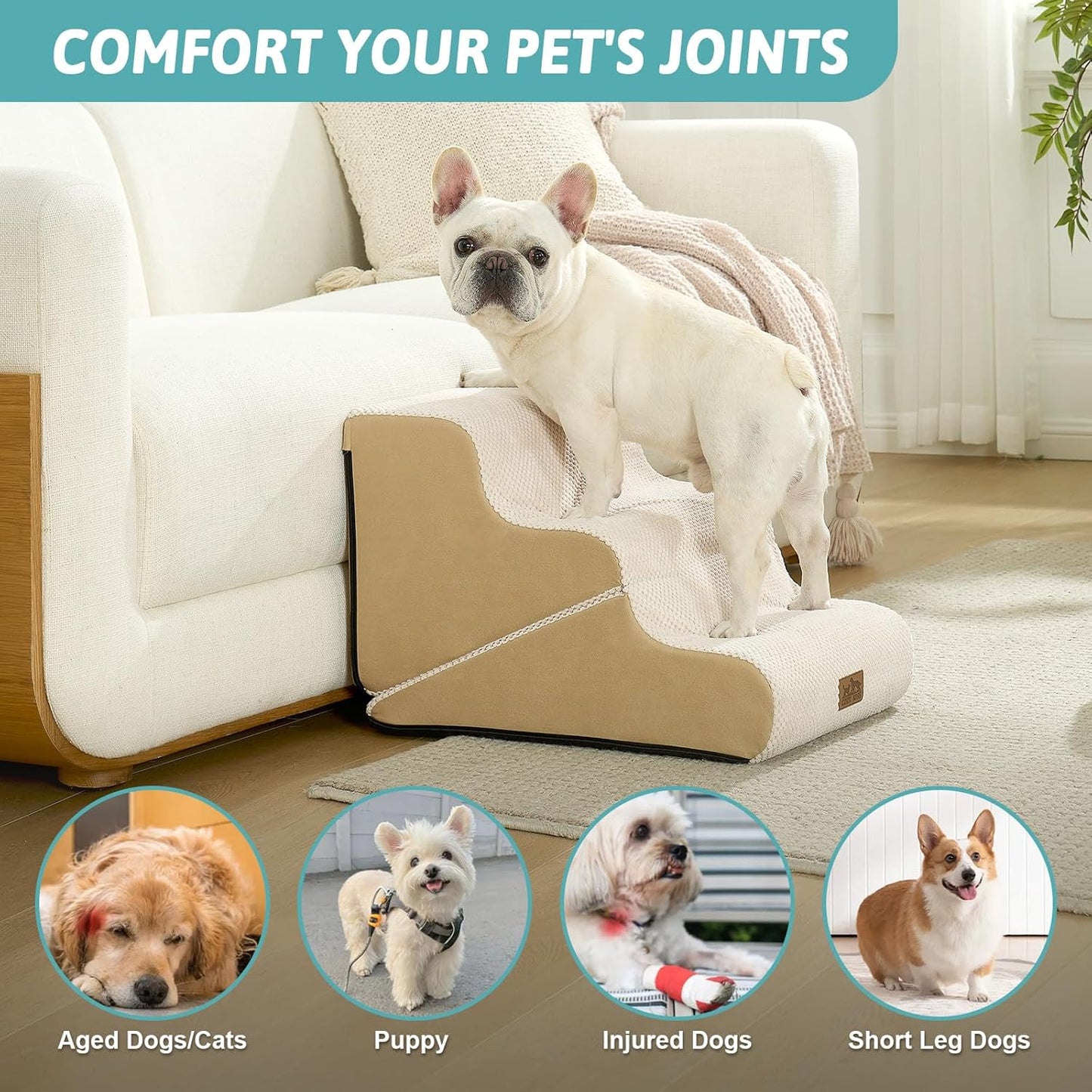 Dog Stairs for Small Dogs, 3-Step 2 in 1 Transformable Pet Stairs for Couch and Bed, 15.7" H Dog Steps for Old Cats, Puppy, Small Dogs (Beige, 15.7x22.4x15.7 in, 3.0)