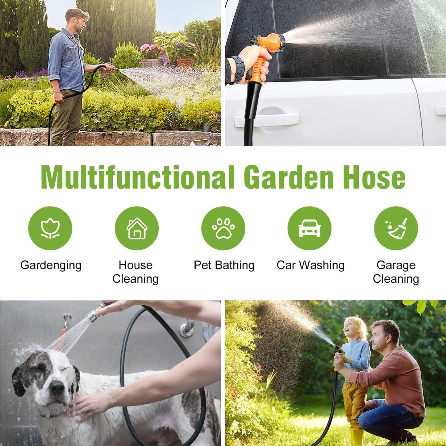Garden Hose 50 ft x 5/8 in Heavy Duty Water Hose, Flexible and Durable, Lightweight Rubber Hybrid Hose, Leak-Free Connections, Male to Female 3/4'' Brass Fittings for Patio, Lawn, Black