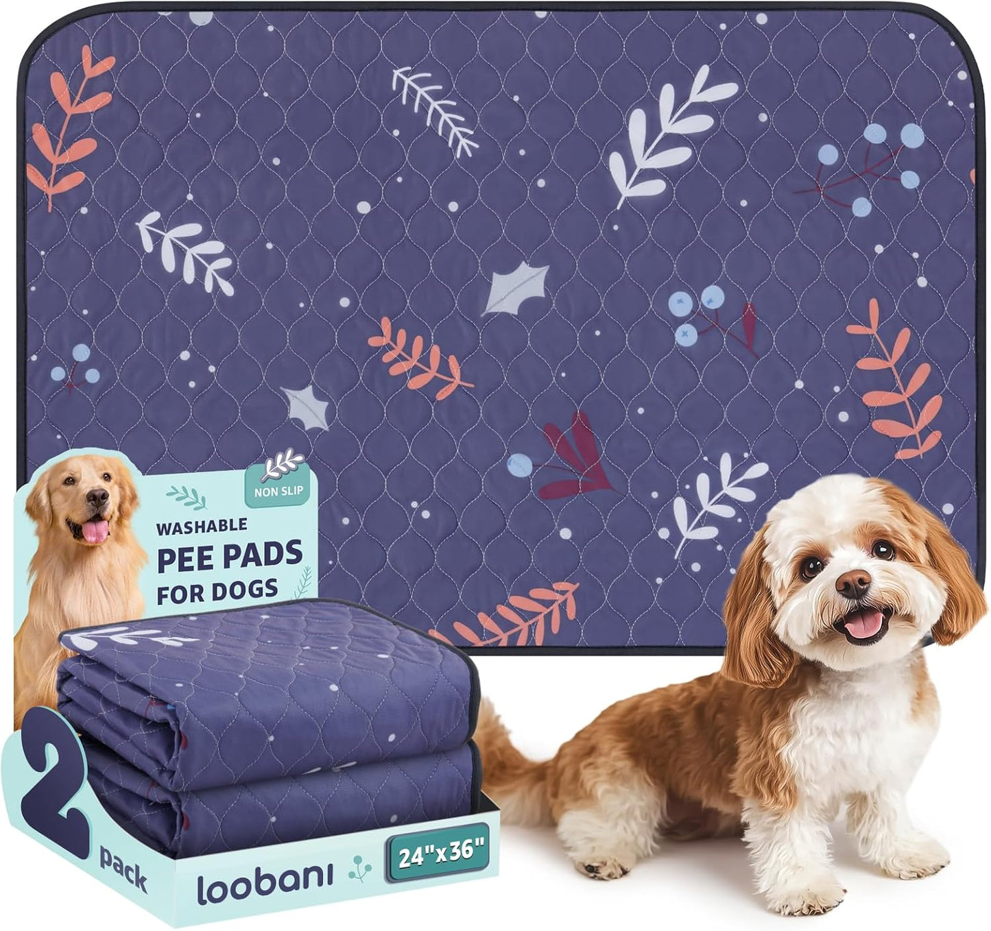 LOOBANI Reusable Pee Pads for Dogs: 2 Pack Washable Puppy Training Pads 24" x 36", Waterproof Dog Pee Pads Non-Slip, Absorbent Dog Whelping Pad for Playpen, Crate, Floor, Sofa, Purple