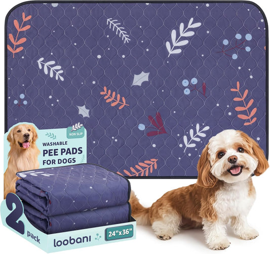 LOOBANI Reusable Pee Pads for Dogs: 2 Pack Washable Puppy Training Pads 24" x 36", Waterproof Dog Pee Pads Non-Slip, Absorbent Dog Whelping Pad for Playpen, Crate, Floor, Sofa, Purple