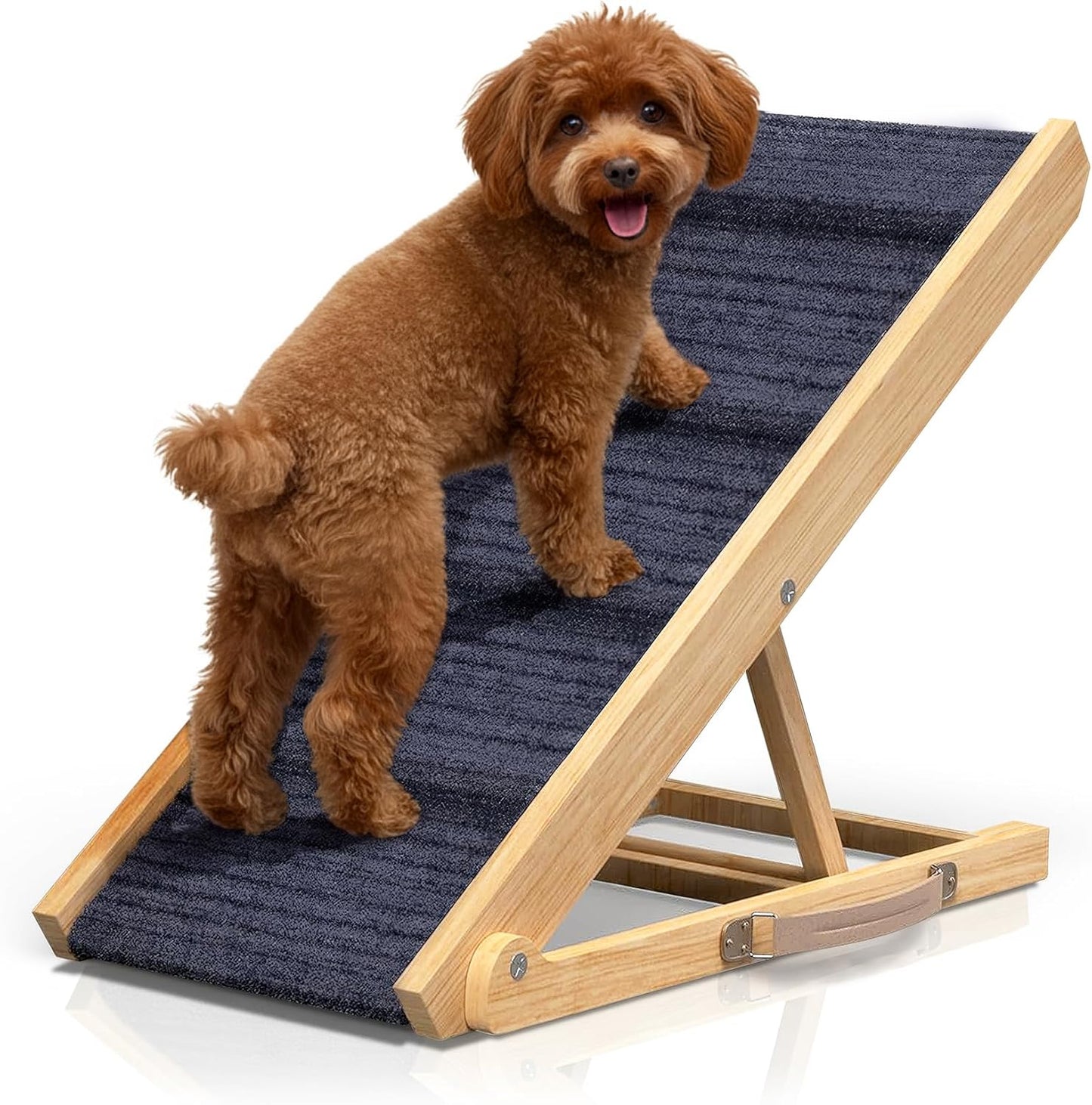 Adjustable Dog Ramp for Bed - 34" Long Foldable Wooden Ramp for Dogs to Get on Bed, Couch, or Car with 12.6" Wide Walking Space (Natural Wood with Gray Carpet, Small)