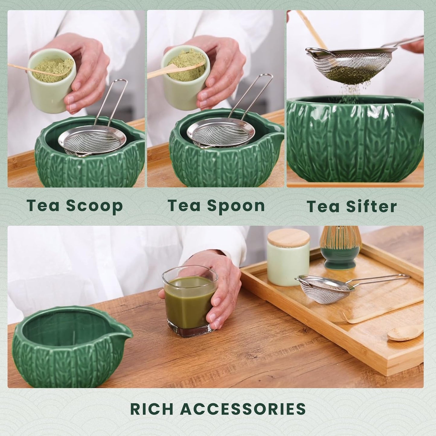 6-Piece Matcha Set, Matcha Whisk (Chasen) & Holder, Matcha Bowl with Spout, Sifter & Spoon, Bamboo & Ceramic, Dark Green