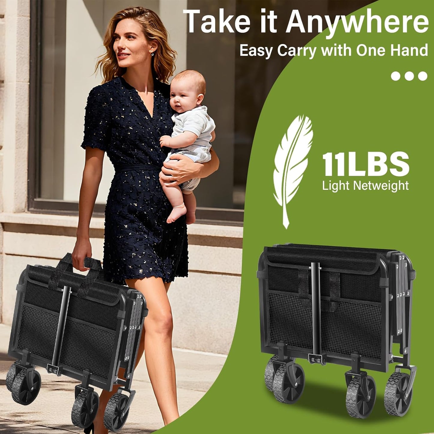 Wagons Carts Foldable, 280LBS Heavy Duty Collapsible Wagon Cart with Wheels, Portable Folding Utility Cart with Adjustable Handle & Cup Holder for Grocery, Camping, Sports, Outdoor, Garden - Black
