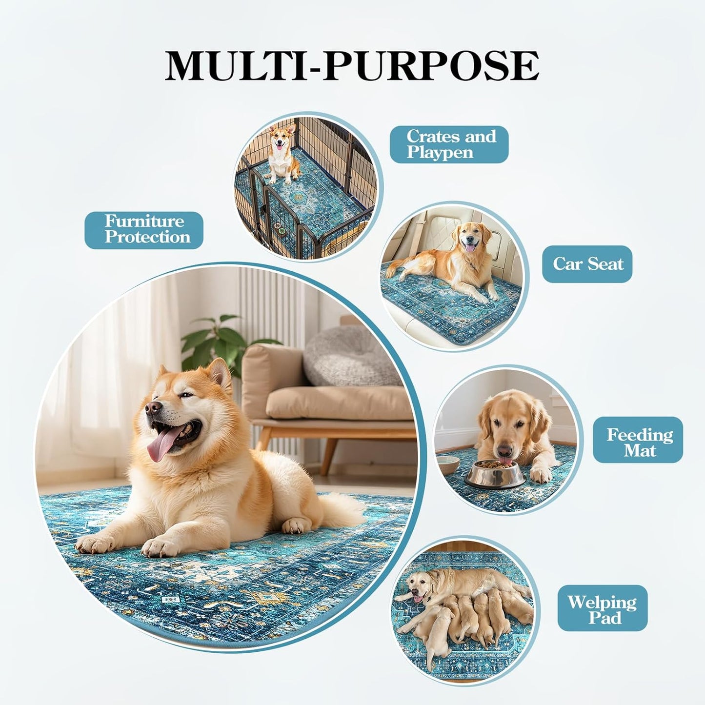 HAOCOO Washable Pee Pads for Dogs, (2 Pack) 3Ft x 3Ft Reusable Puppy Training Pads Super Absorbent Waterproof Whelping Pads,Blue Non-Slip Leakproof Potty Pads for Pet Housebreaking