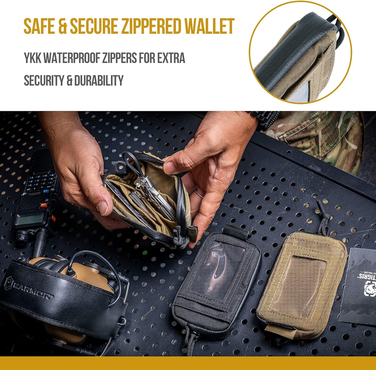 ONETIGRIS Front Pocket Wallet with Zippers Small Coin Purse Tactical Wallet Nylon Minimalist Wallet for Men Women, Brown