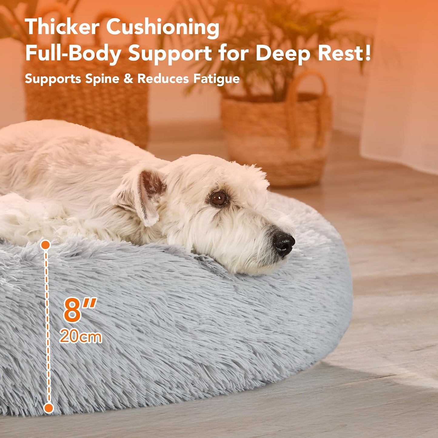 Deconovo Calming Donut Dog Bed, Washable Plush Round Pet Bed for Small Dogs & Cats with Raised Rim, Non-Slip Base and Soft Faux Fur—Lightweight, Easy-Care Design Light Grey 25" L x 25" W x 8" Th