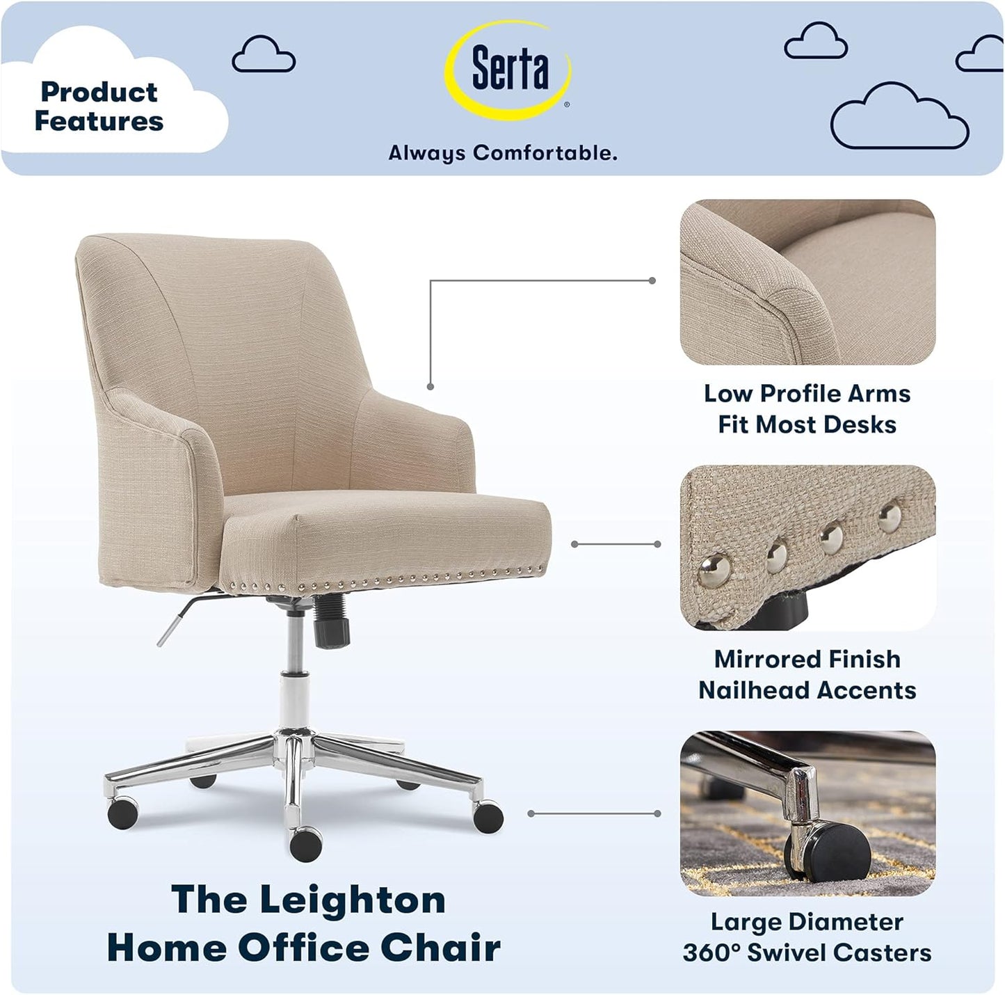 Serta Leighton Home Office Desk Chair, Mid-Back with Chrome Nailheads, Memory Foam Cushion and Padded Arms, Modern Makeup Vanity Armchair with Wheels, Swivel Base, Twill Fabric, Stoneware Beige