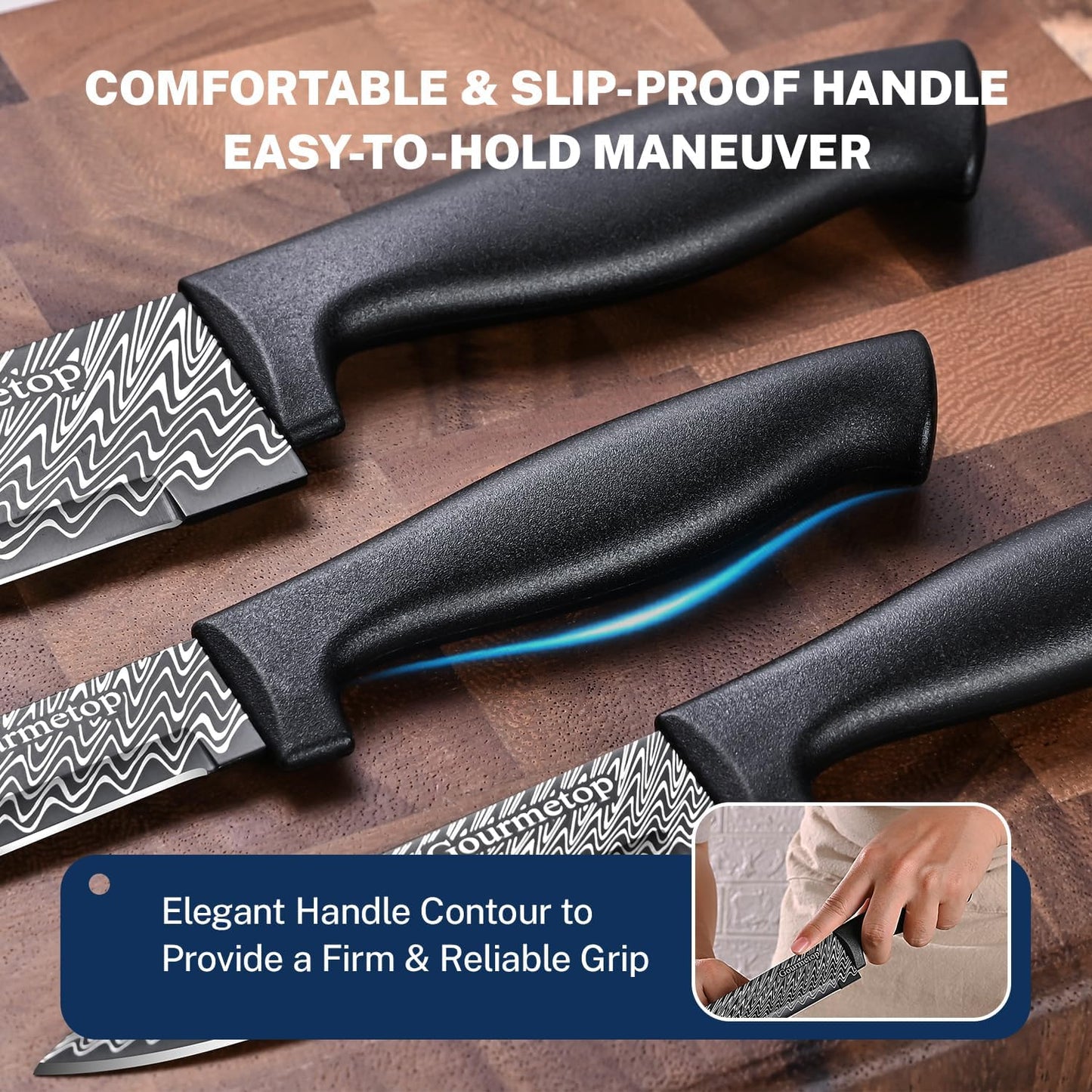 Kitchen Knife Set with Cover 3 Pcs, Black Chef Knife Set for Cooking, Sharp Kitchen Knives with Sheath, 8'' Chef Knife, 5'' Utility, 3.5'' Paring, Damascus Pattern Kitchen Knife for Cutting