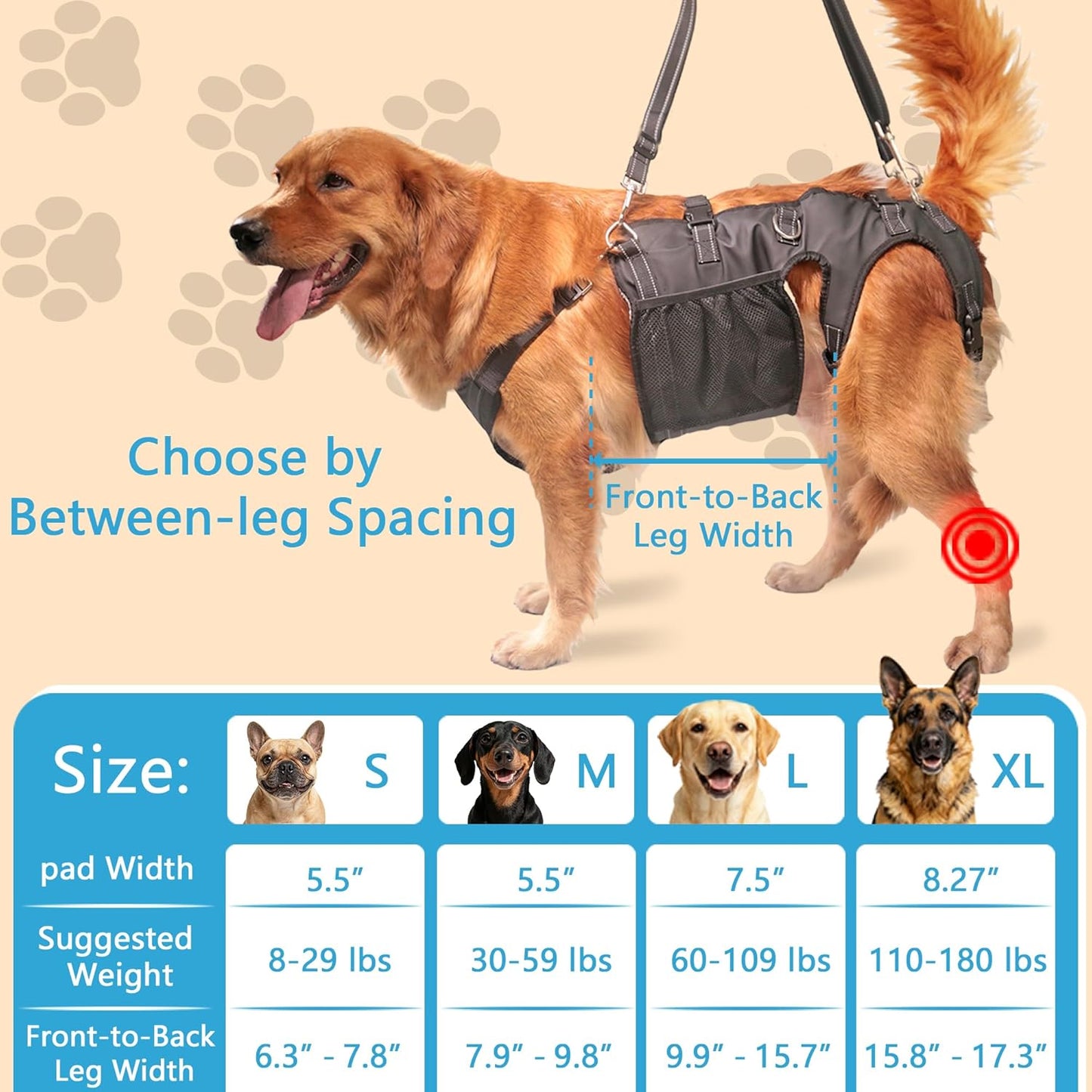 Dual-use Dog Lift Rehab Hareness Canine Sling for Large Pooch Rear Legs and Hip Support,Adjustable and Soft Brace Strap for After ACL Surgery, Helps Senior, Injured and Disabled K9.