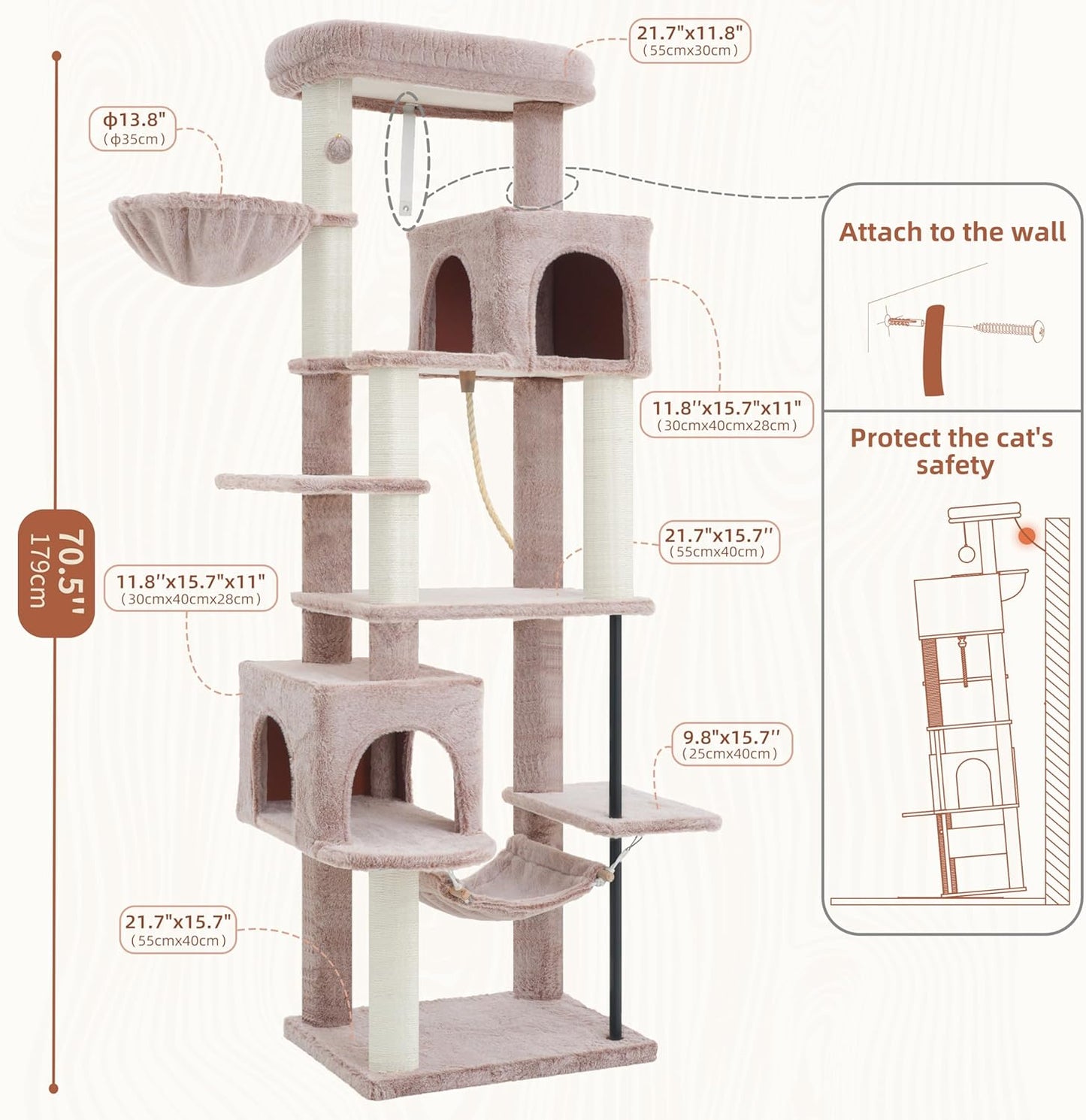 Cat Tree for Indoor Cats Large Adult, 70.5'' Cat Tower with Scratching Post, Sturdy Steel Pube Cat Tree Tower with Large Playing Platfrom, Hammock and Basket, Top Perch, Mushroom GCT024MU