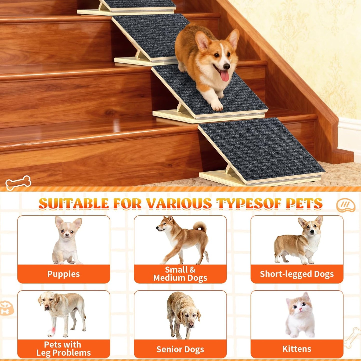 TNELTUEB 4 Pack Upgraded Dog Ramps for Stairs, Adjustable Stair ramp for Dogs,Portable Dog Stairs with Mat for Small Dogs and Cats, Non-Slip Pet Steps for Elderly or Injured Pets