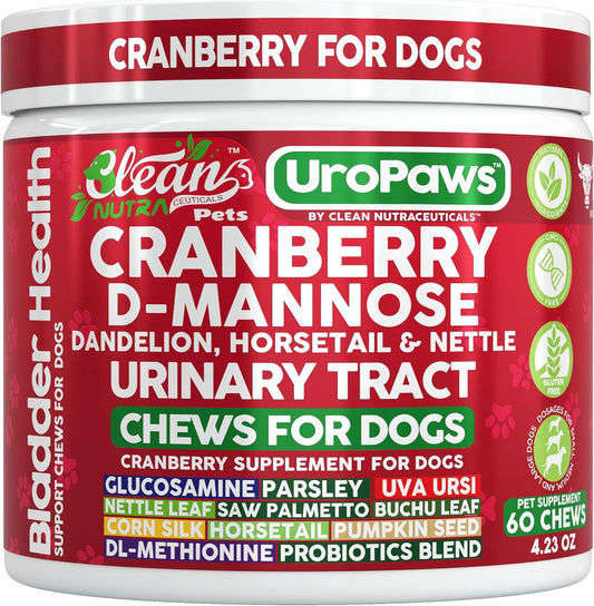 Dog UTI Treatment | Cranberry for Dogs | Urinary Tract Bladder Control | D-Mannose Dandelion Glucosamine HCL Marshmallow Nettle Leaf Saw Palmetto Uva Ursi Horsetail Beef Flavor by Clean Nutra Pets